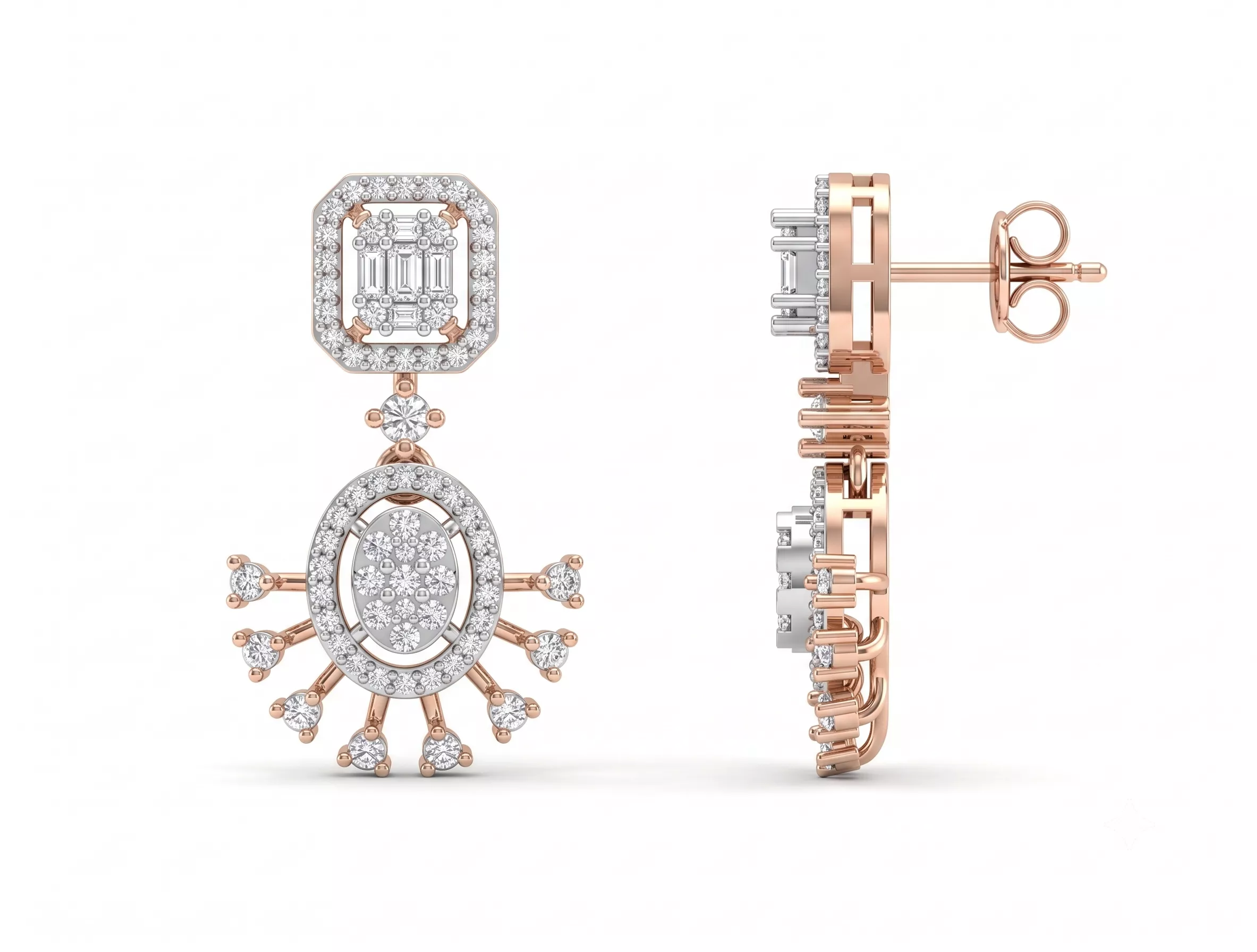 Diamond Earrings 3D CAD Model Rose White Gold Earrings STL File Free 3D print model