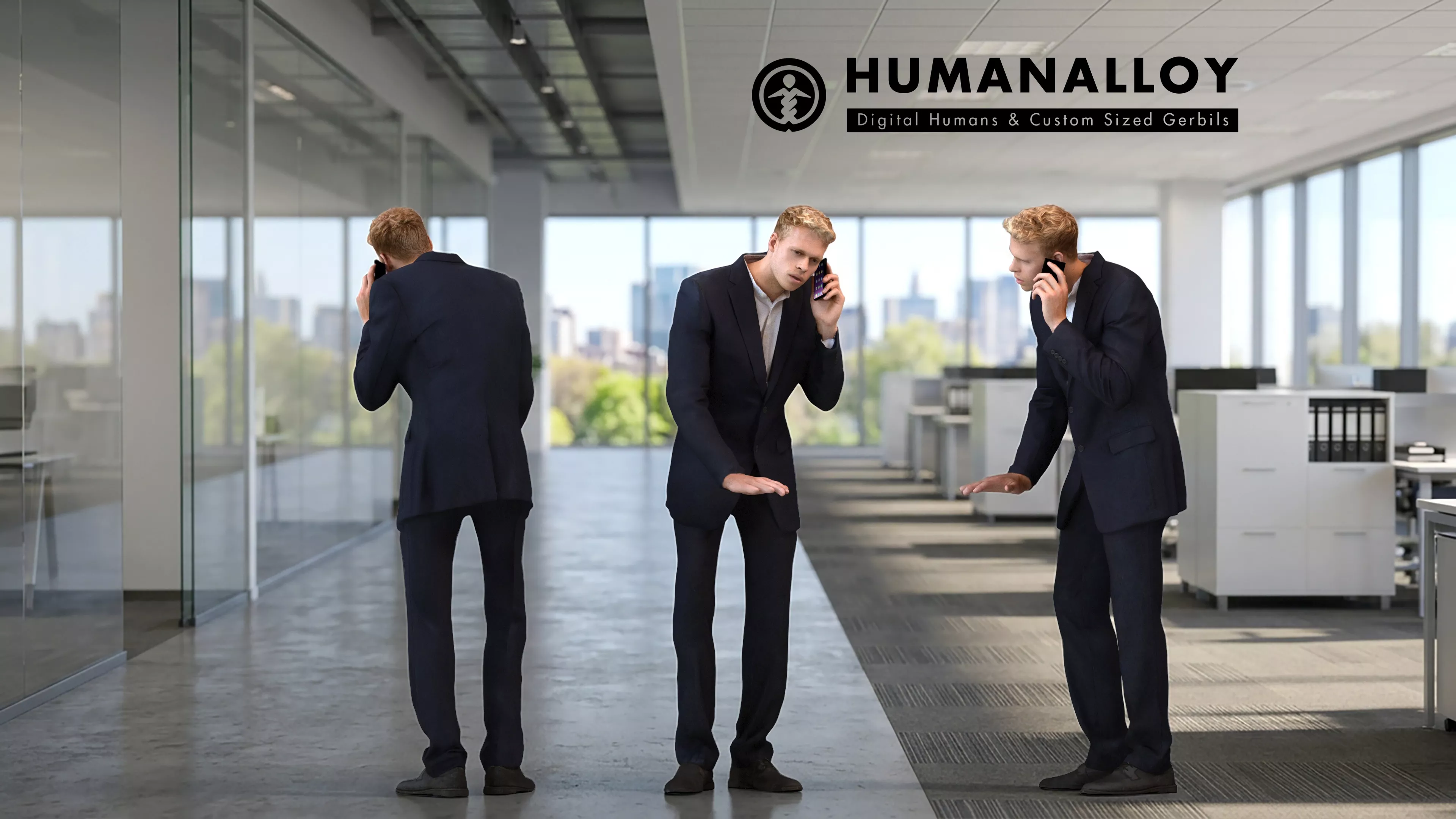 Adult Caucasian man calling with smartphone in office wearing 3D model