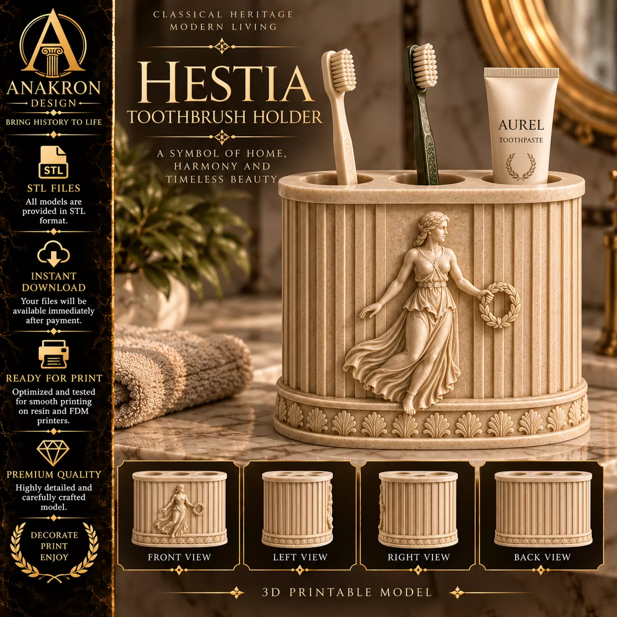 Hestia Toothbrush Holder STL Greek Goddess Bath Organizer 3D print model