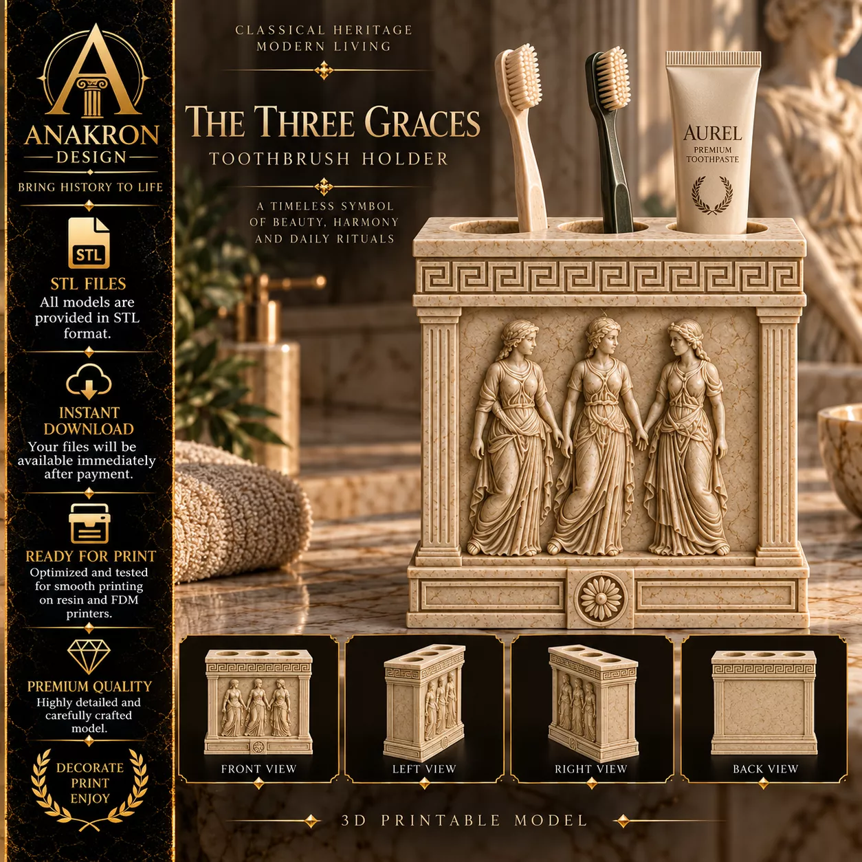 Three Graces Toothbrush Holder Greek Goddesses Bath Organizer 3D print model