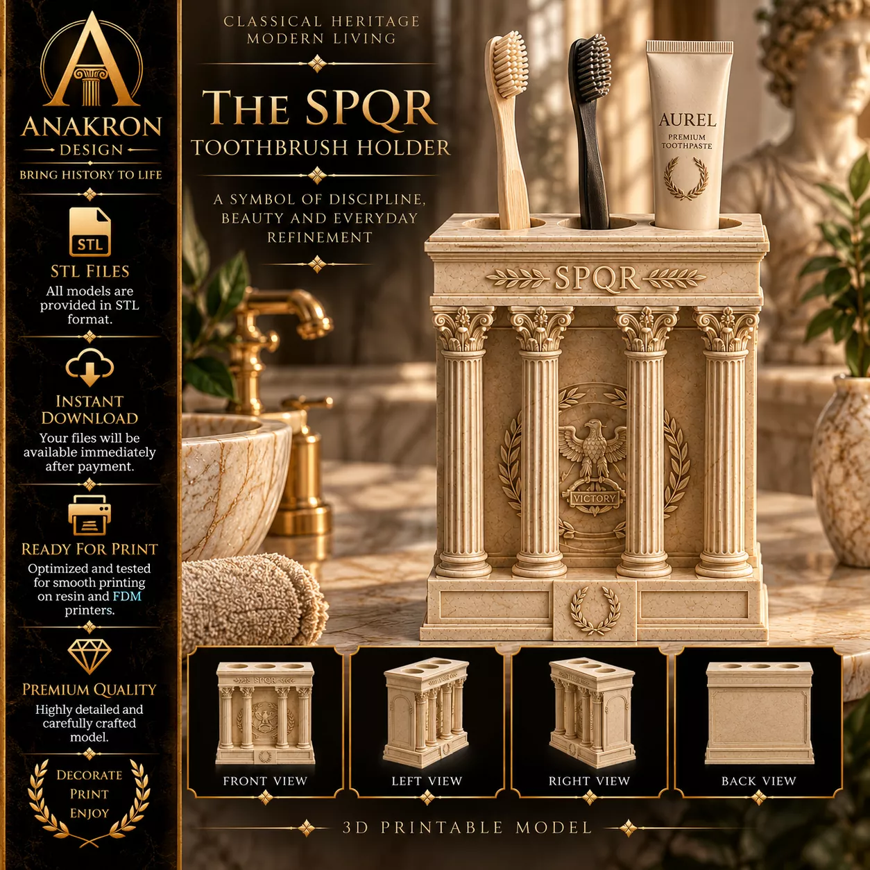 Roman Empire Toothbrush Holder STL SPQR Eagle Bath Decor 3D print model