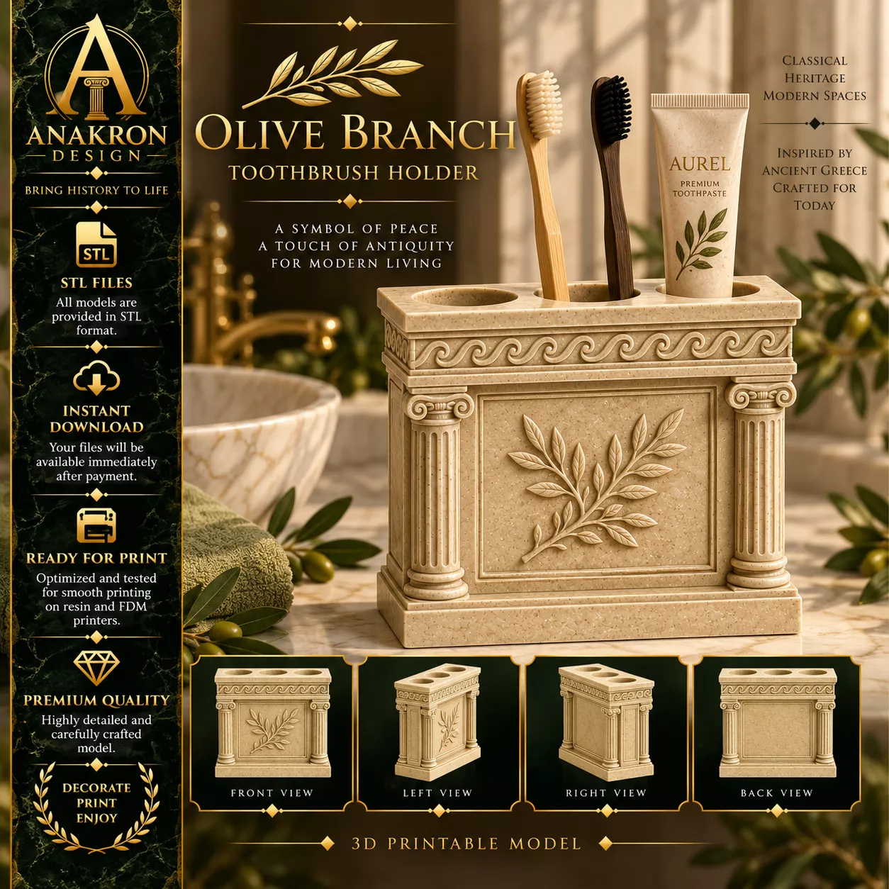 Greek Olive Branch Toothbrush Holder STL Classical Column 3D print model