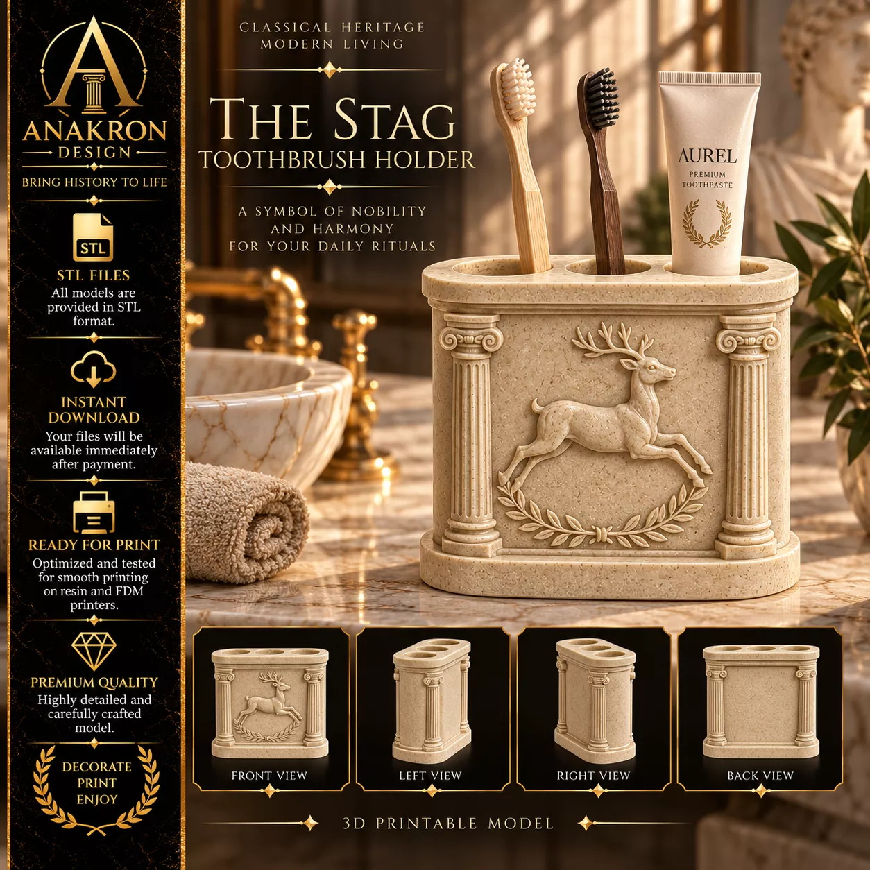 Greek Stag Toothbrush Holder STL Deer Relief Bath Decor 3D print model