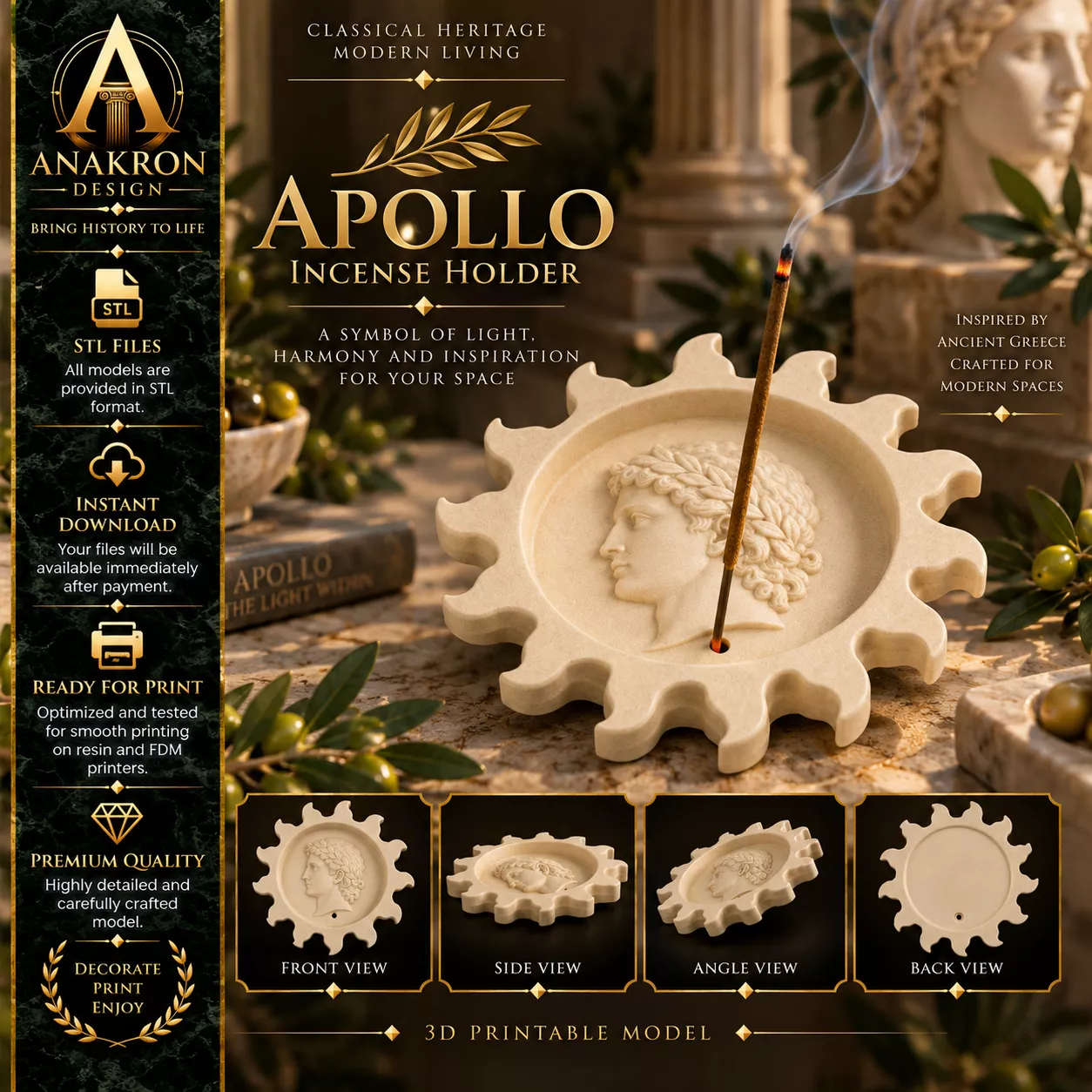 Apollo Incense Holder STL Sun God Incense Burner Tray 3D print model