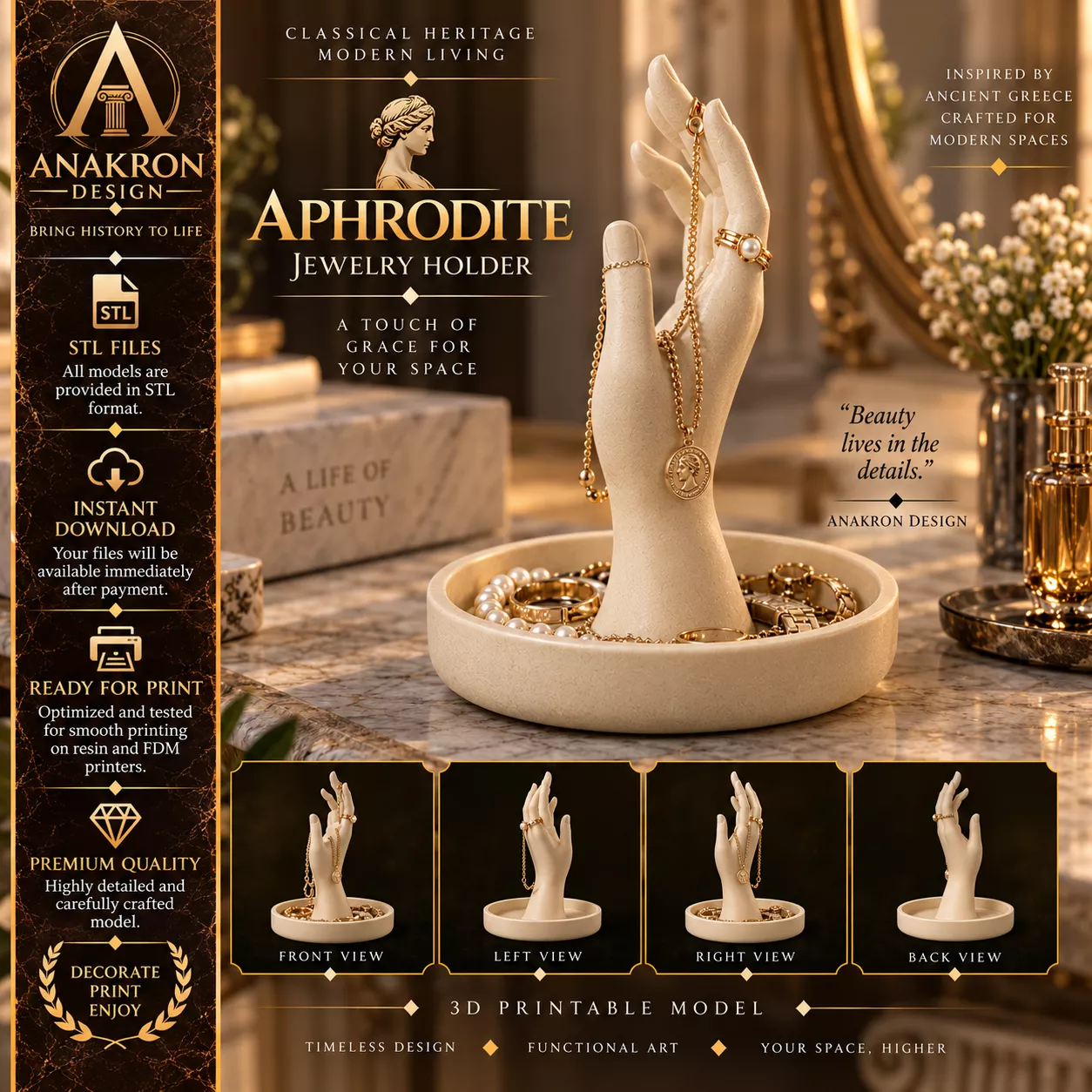 Greek Goddess Hand Ring Holder STL Aphrodite Jewelry Tray 3D print model
