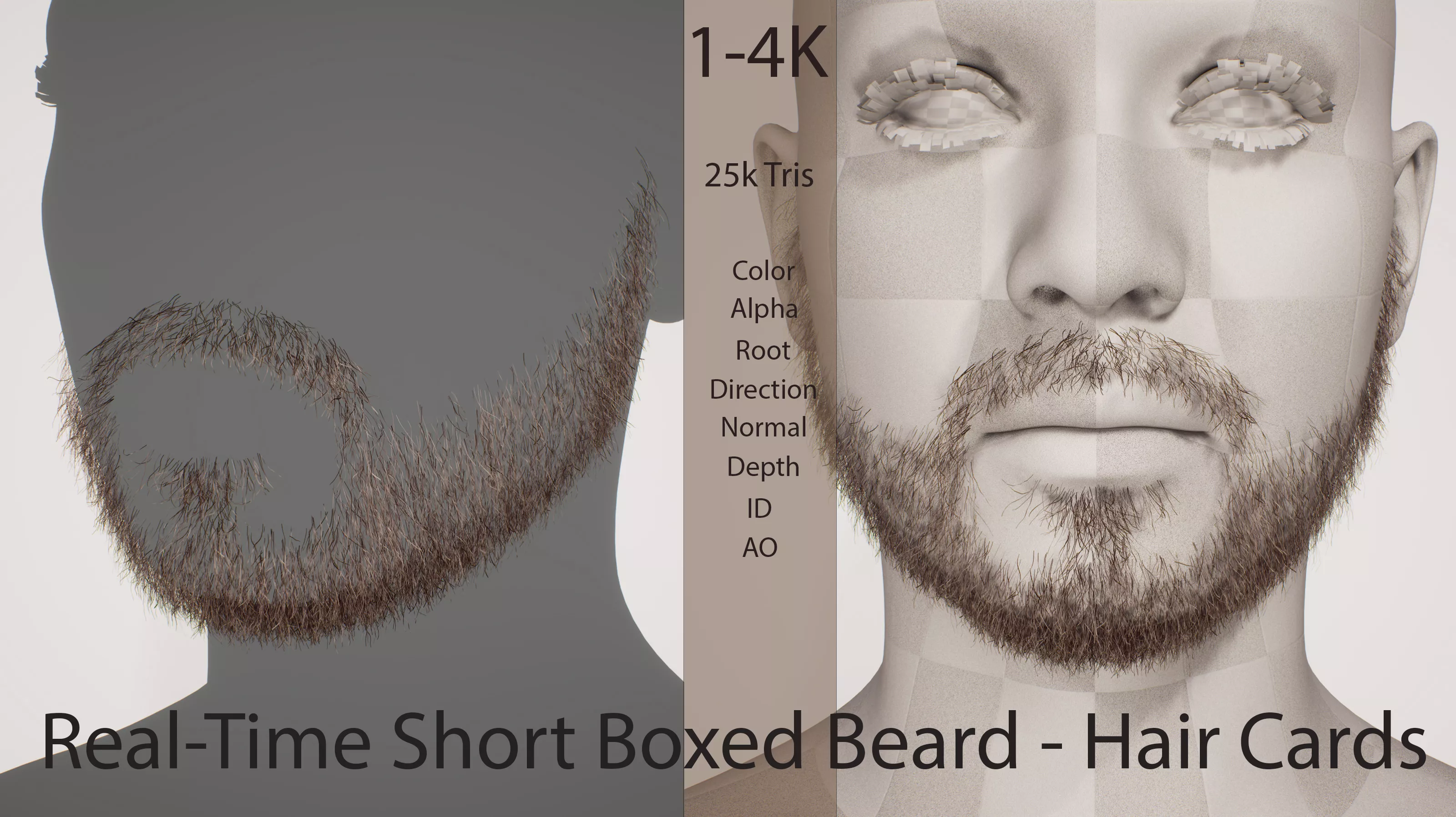 Short Boxed Beard with Connected Mustache Real Time Hair Low-poly 3D model