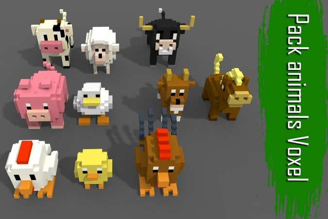 Pack 10 Voxel Farm Animals  Low-poly 3D model