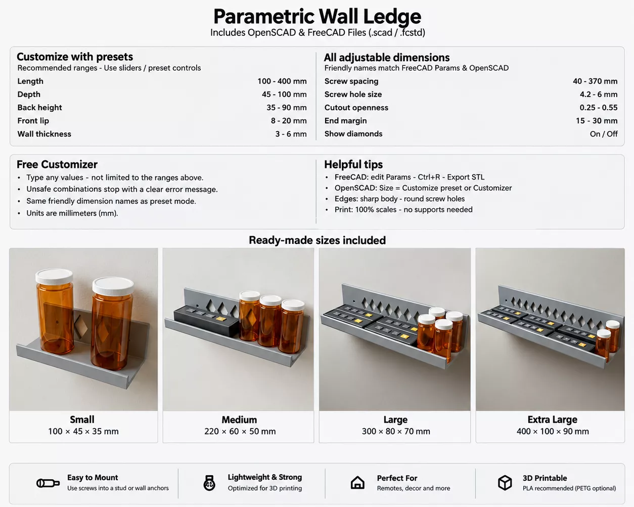 Custom Parametric Wall Ledge Shelf STL 3mf OpenSCAD and FreeCAD 3D print model