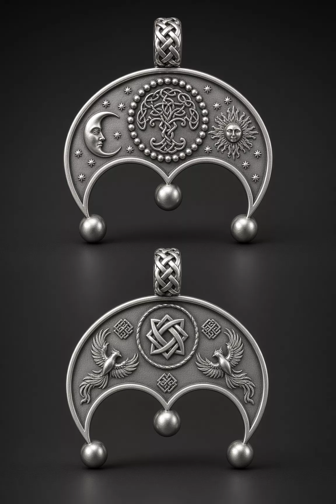 Nordic Celestial Lunula Pendant Moon and Phoenix Design 3D print model