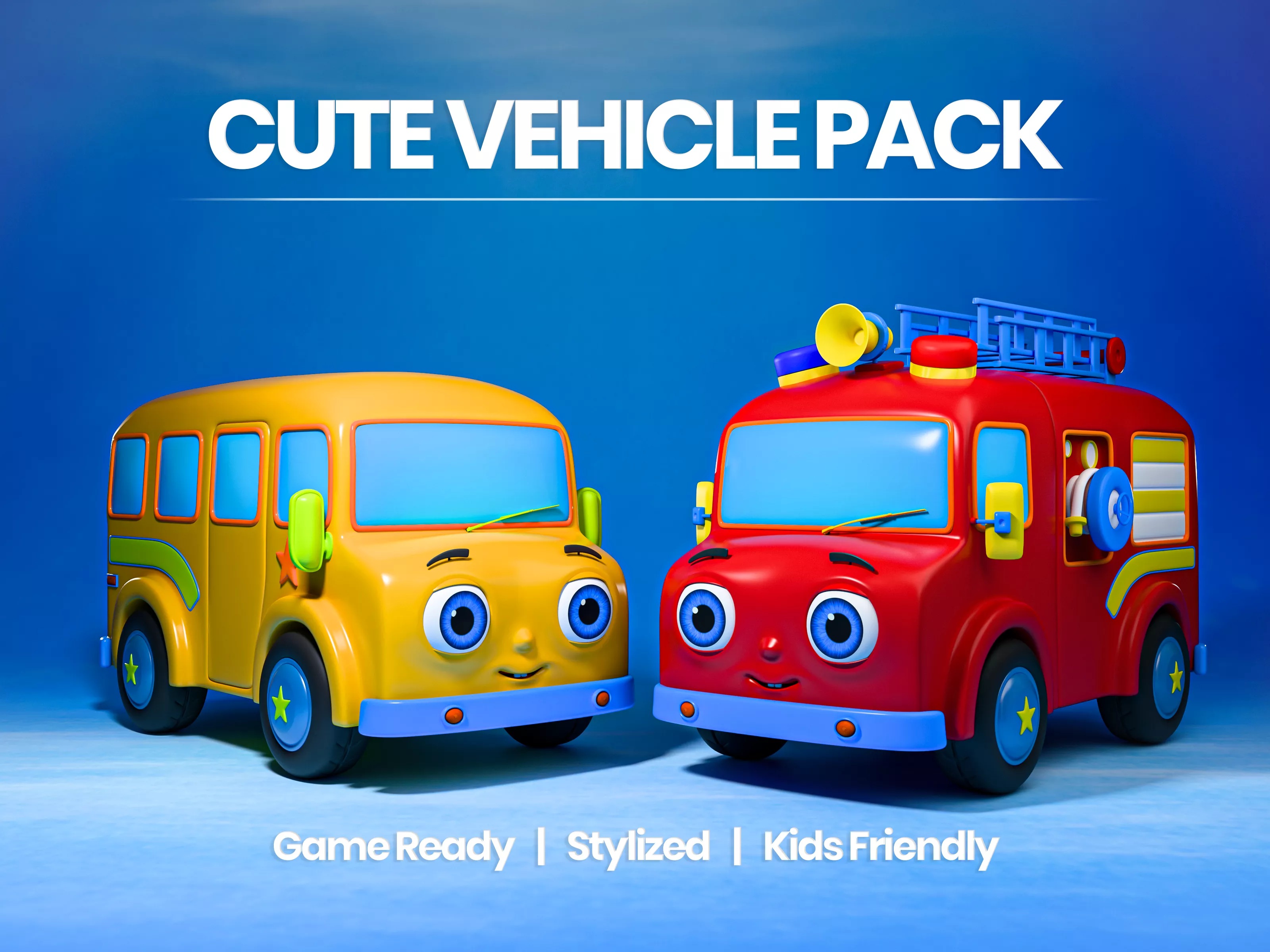 Cute Baby Bus Fire Truck Stylized Vehicle Pack Low-poly 3D model