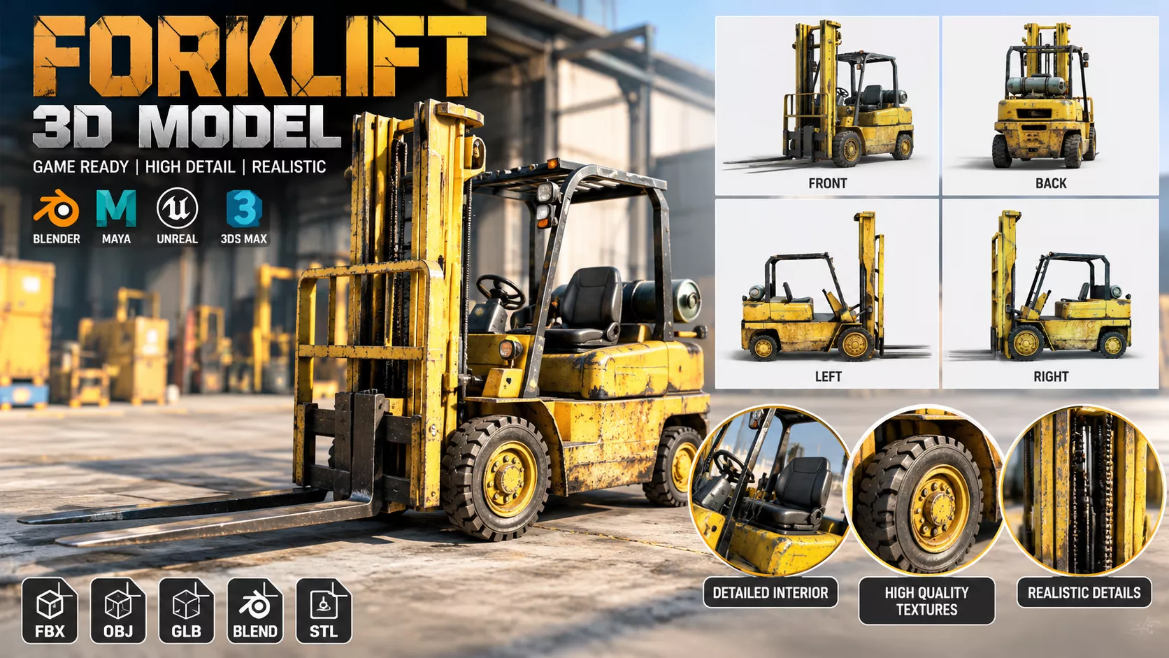 free fire forklift truck 3d model FBX - Blend Free low-poly 3D model