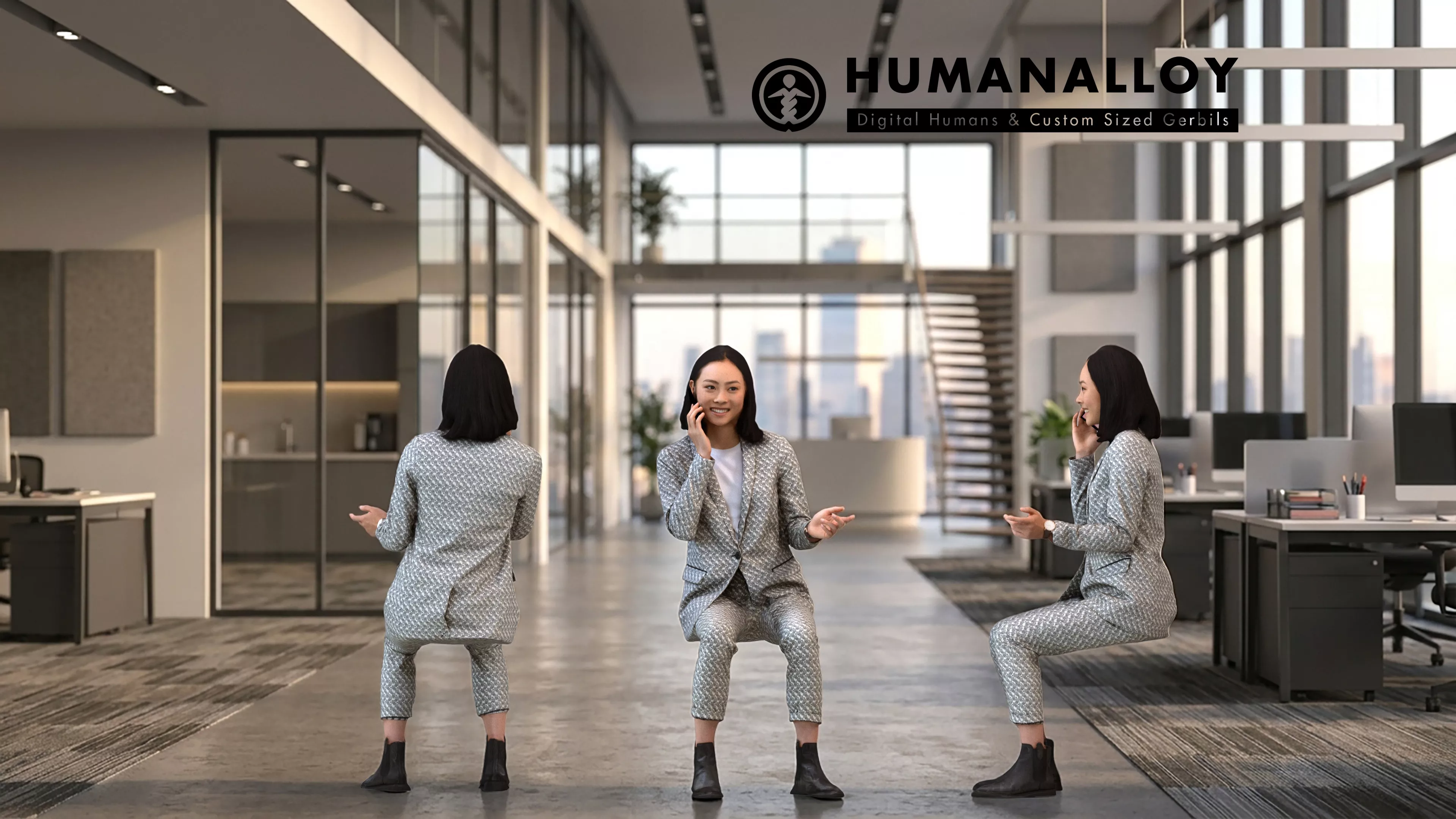 Adult Asian woman calling in professional office wearing 3D model