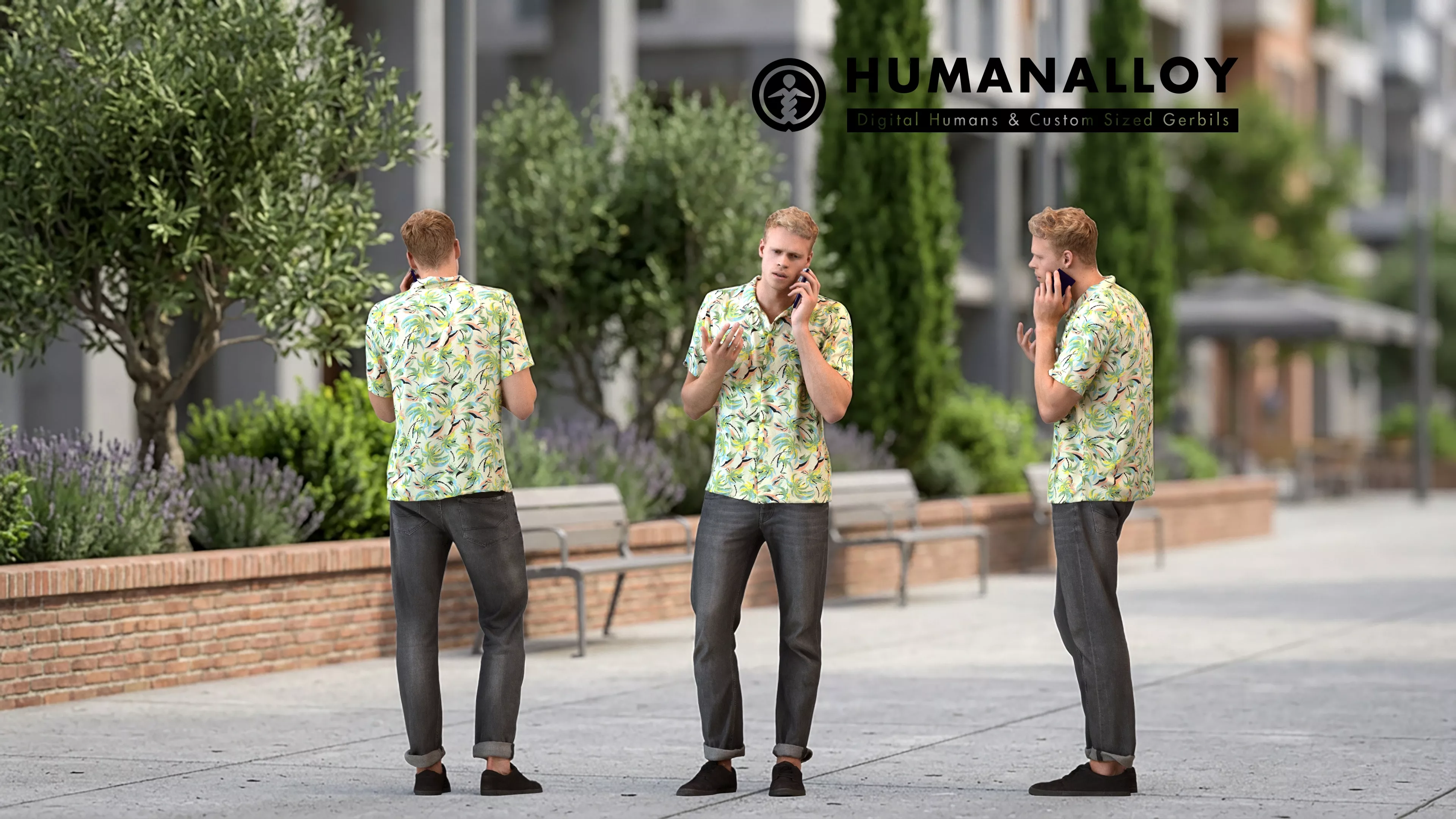 Adult Caucasian man calling on smartphone in public summer 3D model