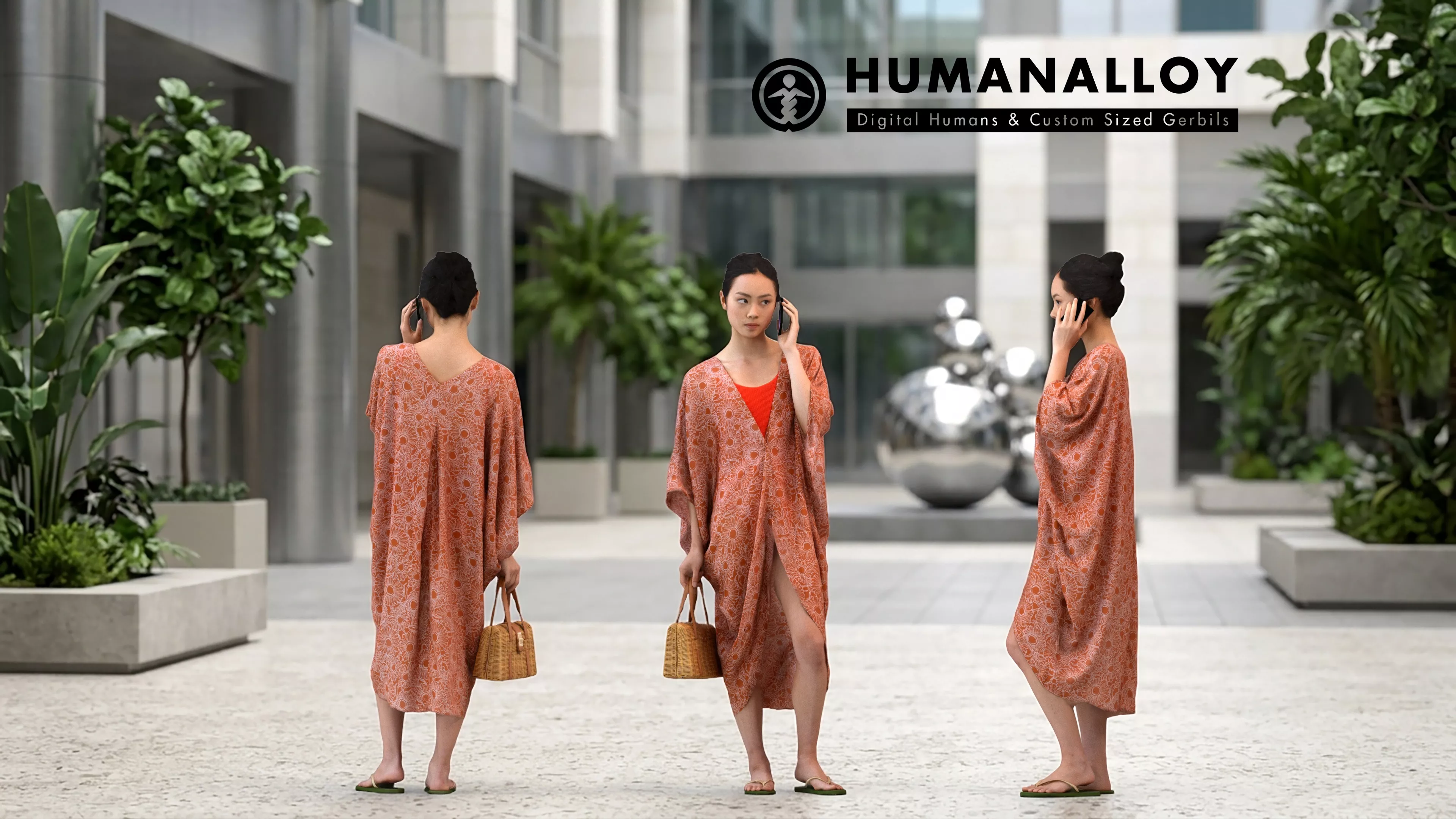 Adult Asian woman calling on smartphone in public space 3D model