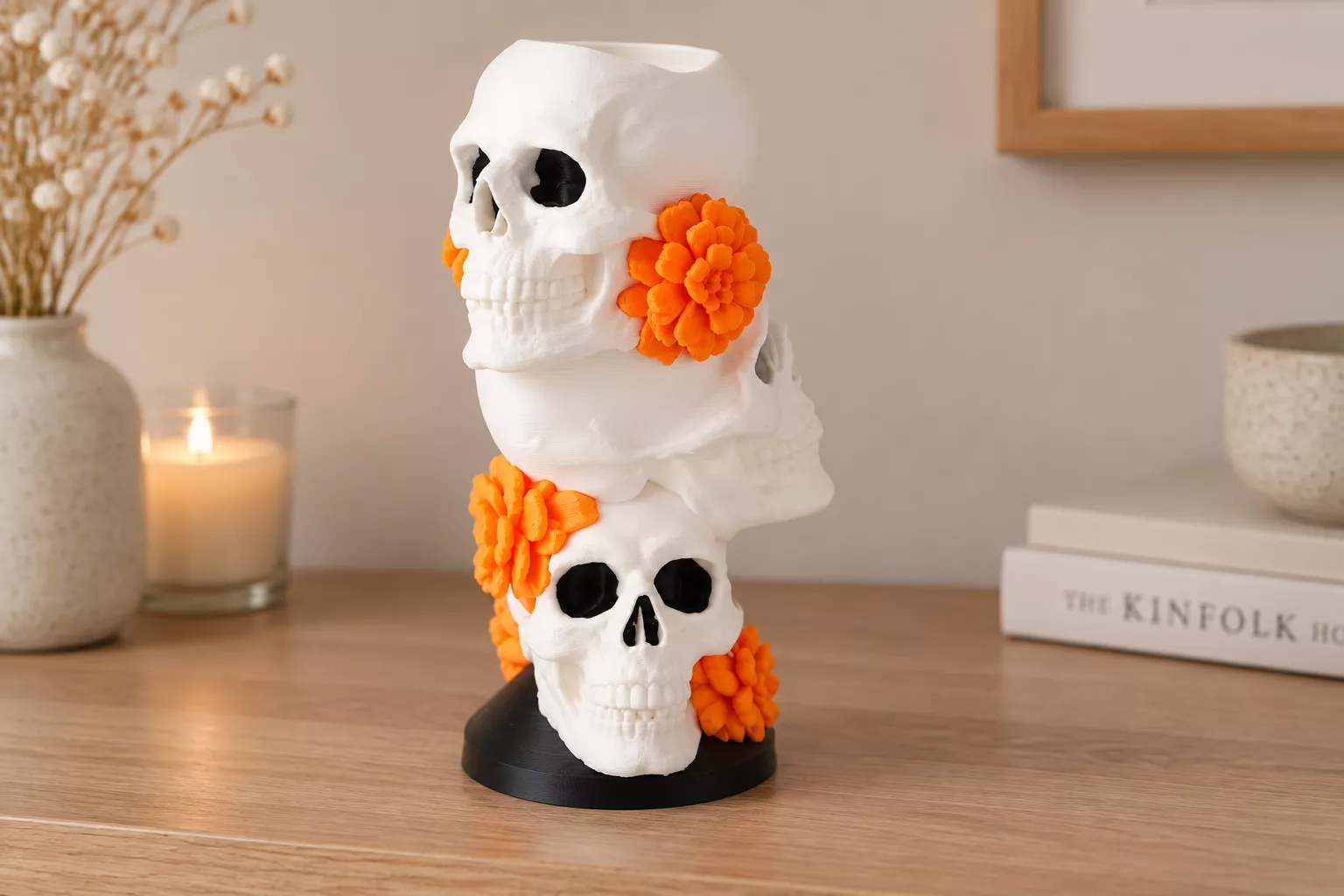 Marigold Skull Tower Vase - Day of the Dead Decor 3D print model