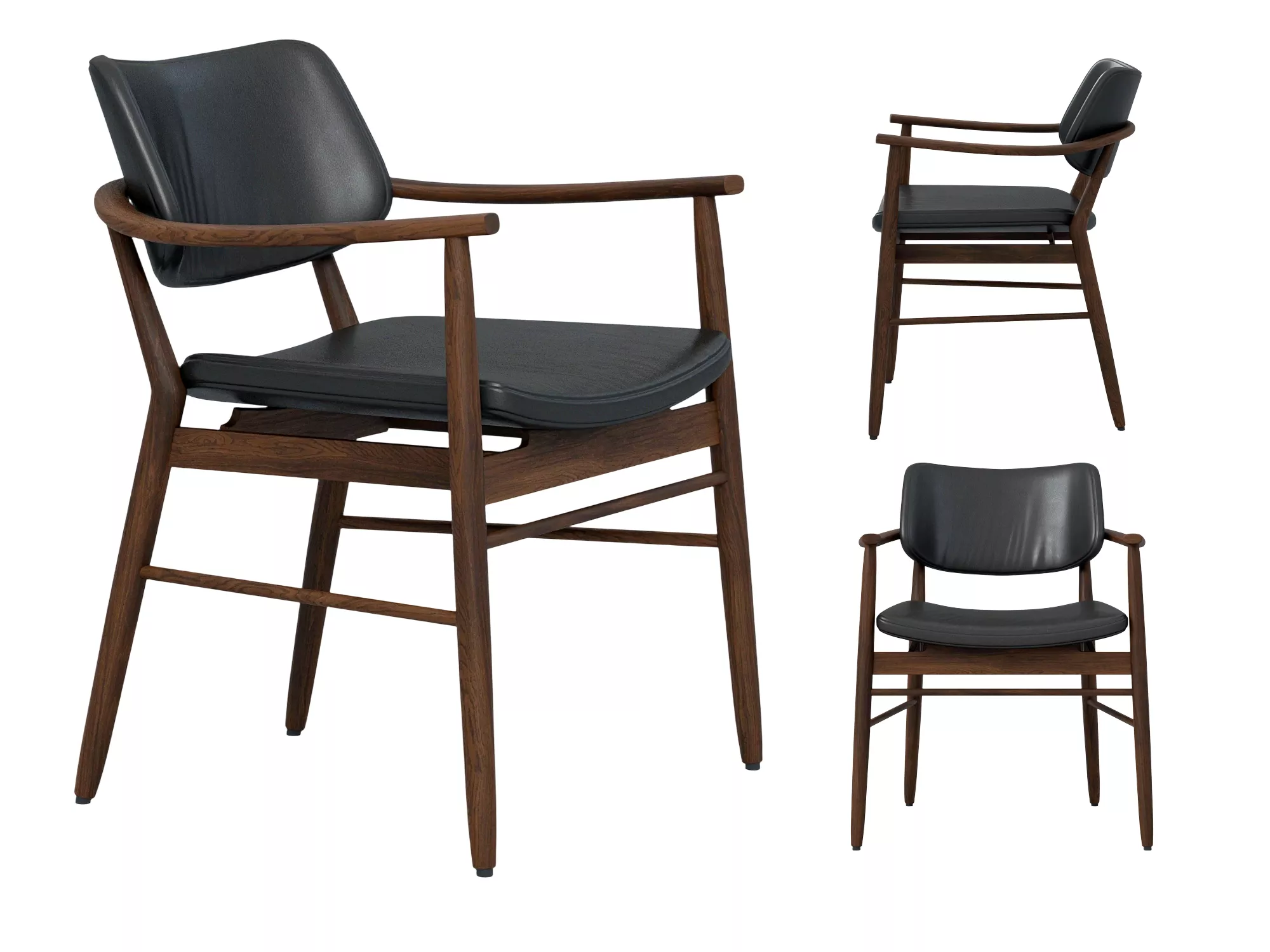 Mid Century Dark Wood Armchair With Black Leather Cushions 3D model