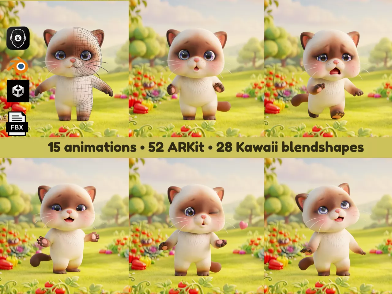 Cat Siamese Rigged Animated 52 ARKit 28 Kawaii Blendshapes Low-poly 3D model