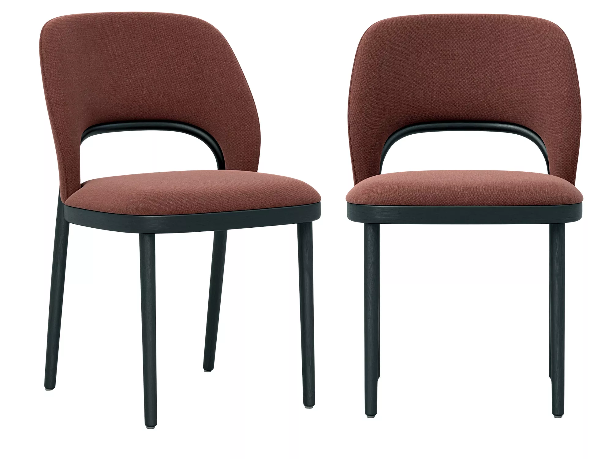 Two Rust Brown Upholstered Dining Chairs With Black Frames 3D model