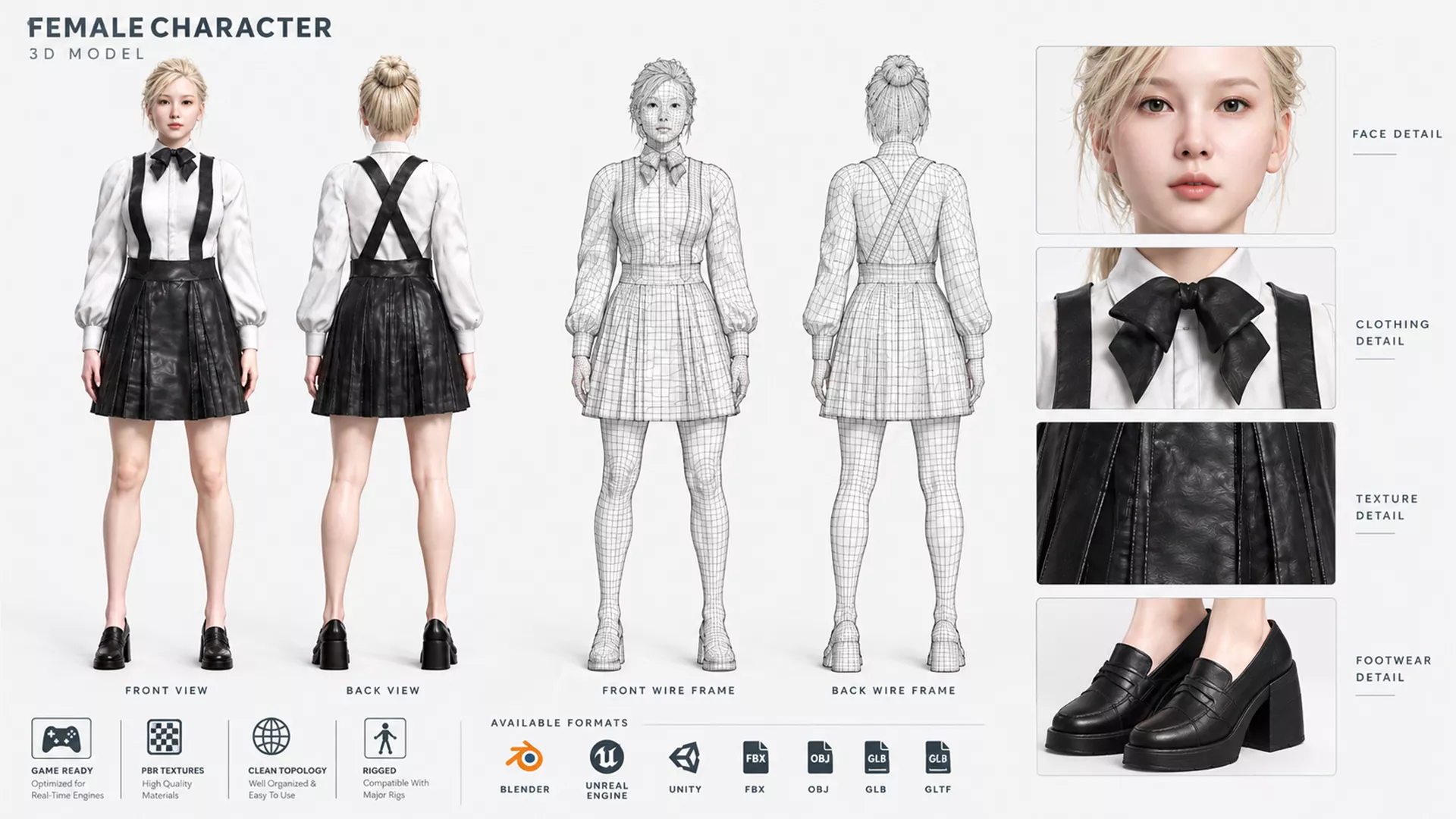 Korean Woman in School Uniform 3D Model 3D model