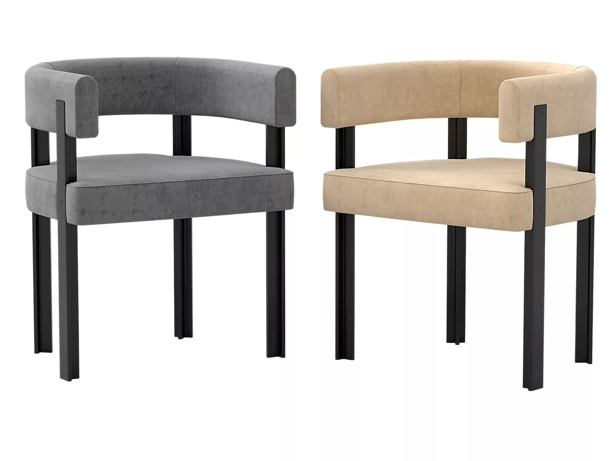 Two Upholstered Barrel Back Accent Chairs Gray Beige Black Legs 3D model
