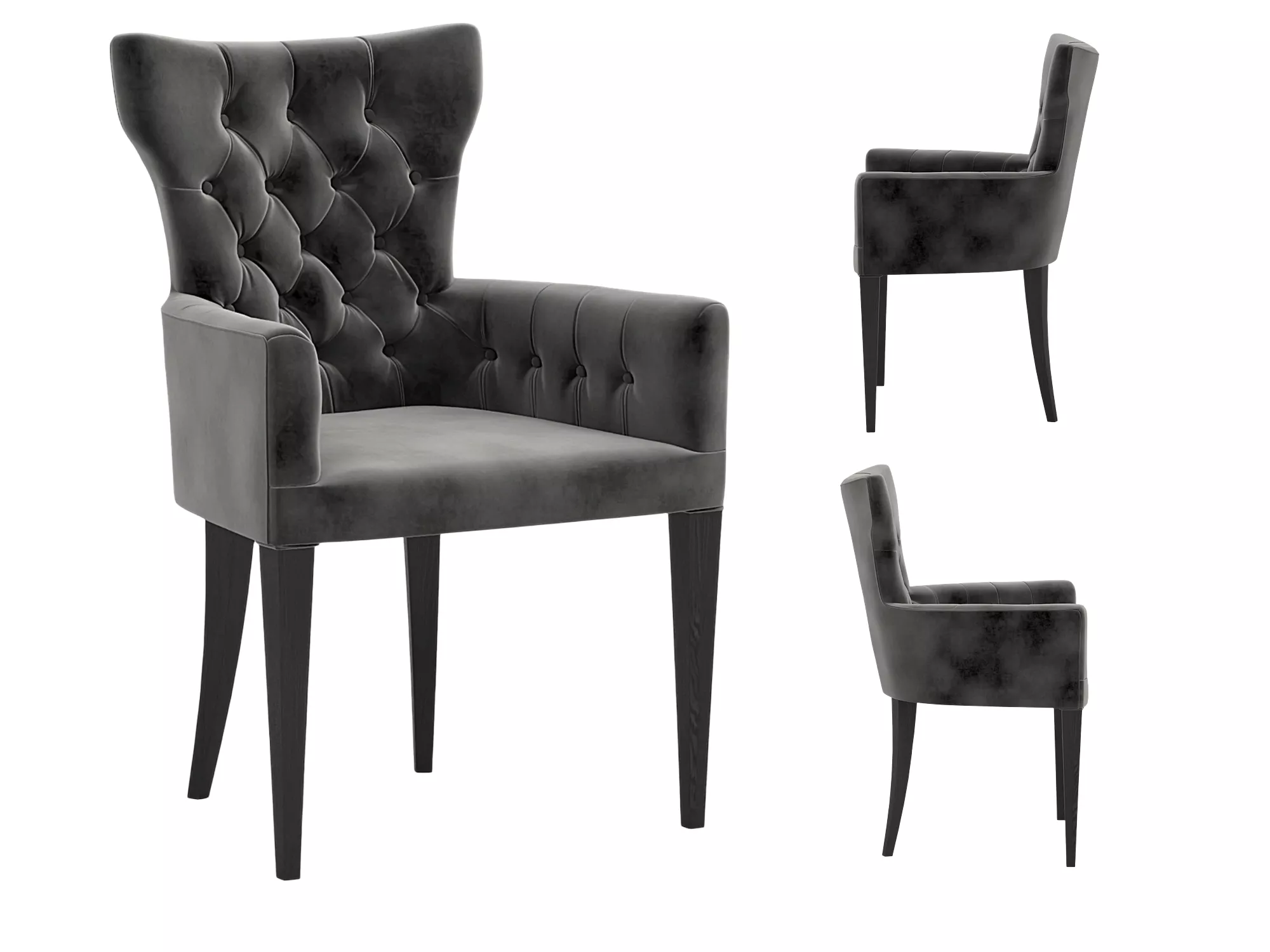 Dark Gray Tufted Velvet Armchair With Black Legs 3D model