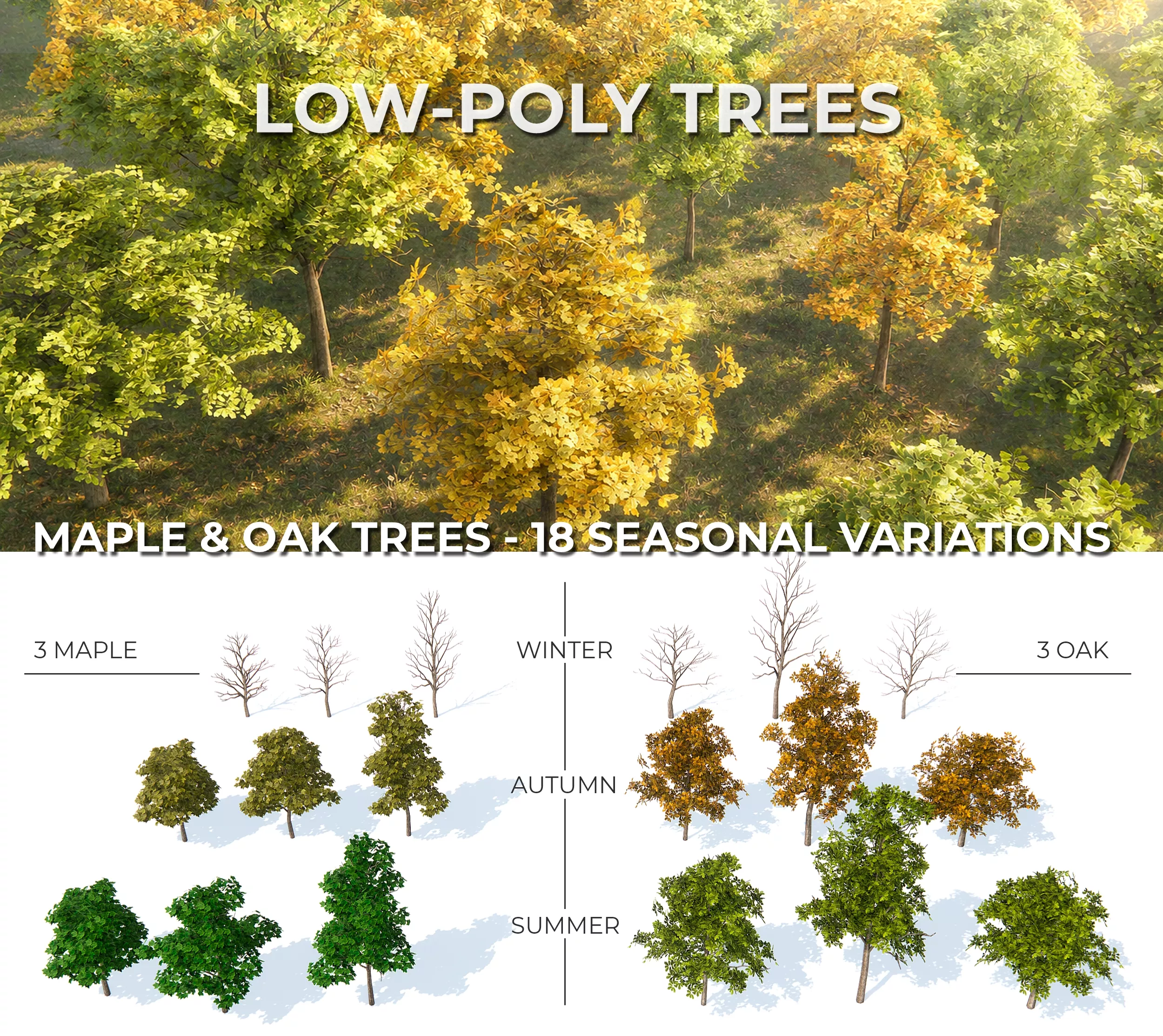 Maple and Oak Trees - 18 Seasonal Variations Low-poly 3D model