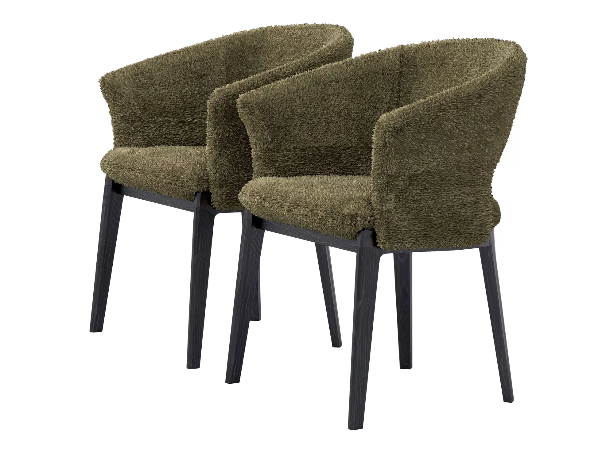 Two Olive Green Fuzzy Upholstered Armchairs With Black Wood Legs 3D model