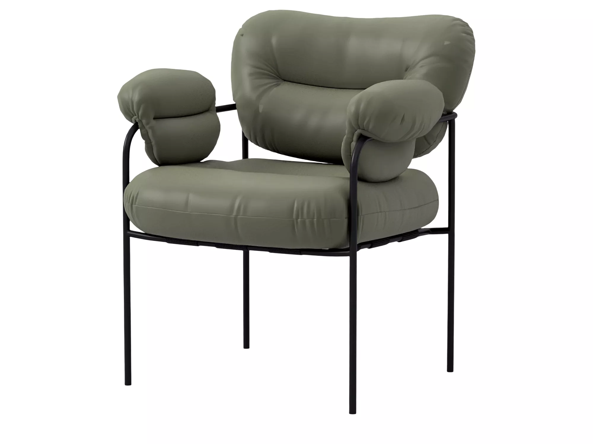 Olive Green Padded Armchair With Black Metal Frame 3D model