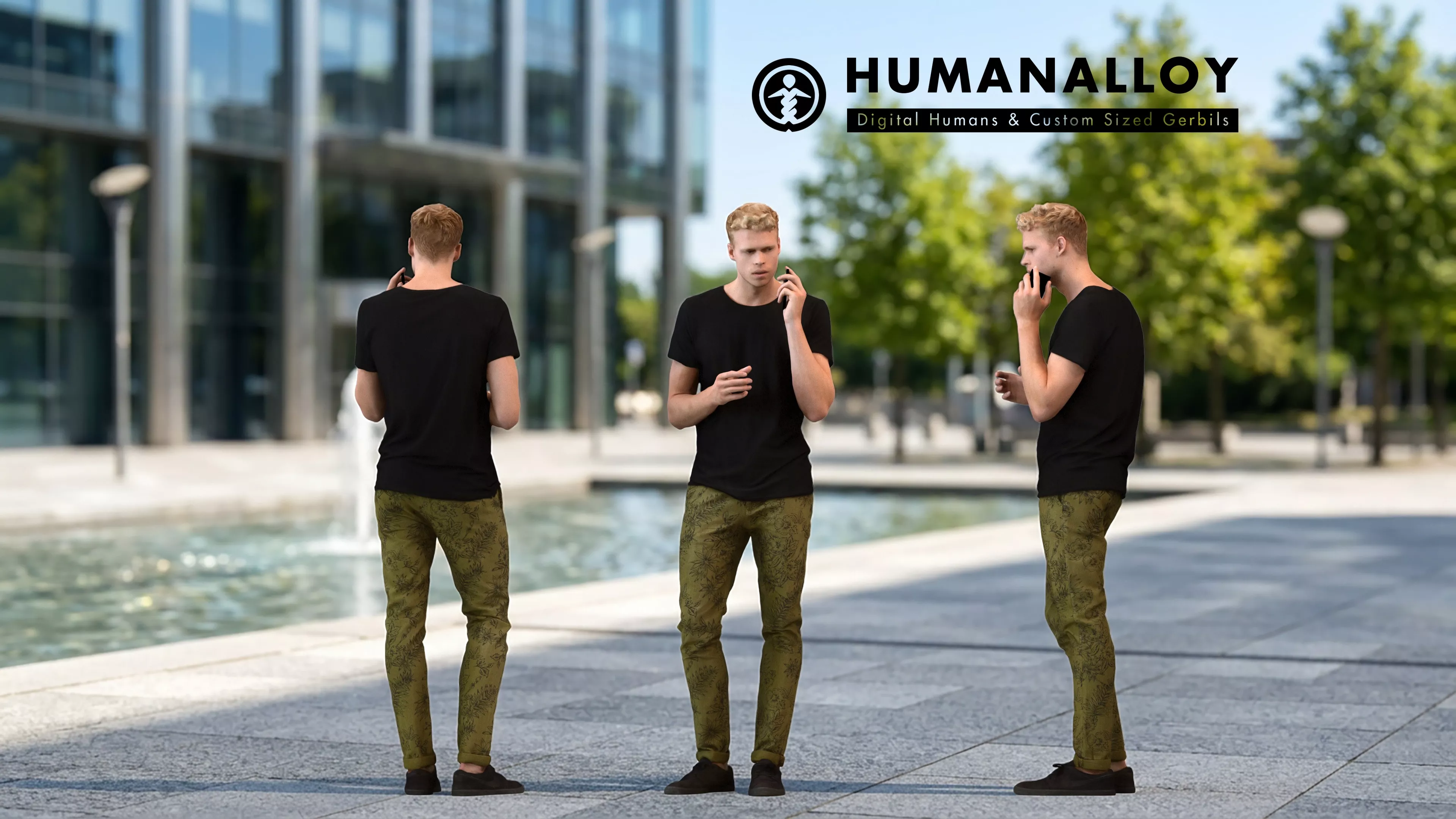 Adult Caucasian man calling on smartphone in public summer 3D model