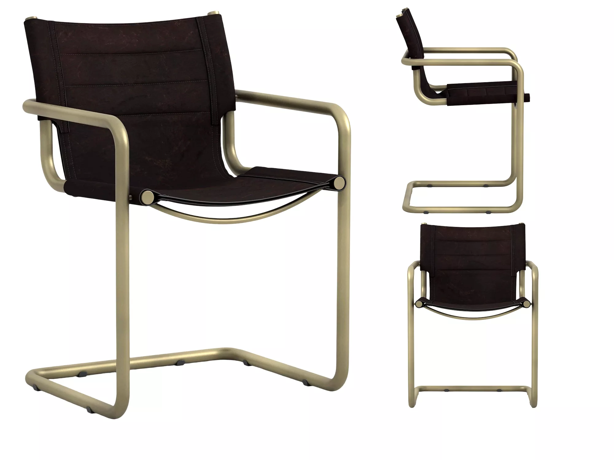 Dark Brown Leather Cantilever Armchair With Brass Frame 3D model