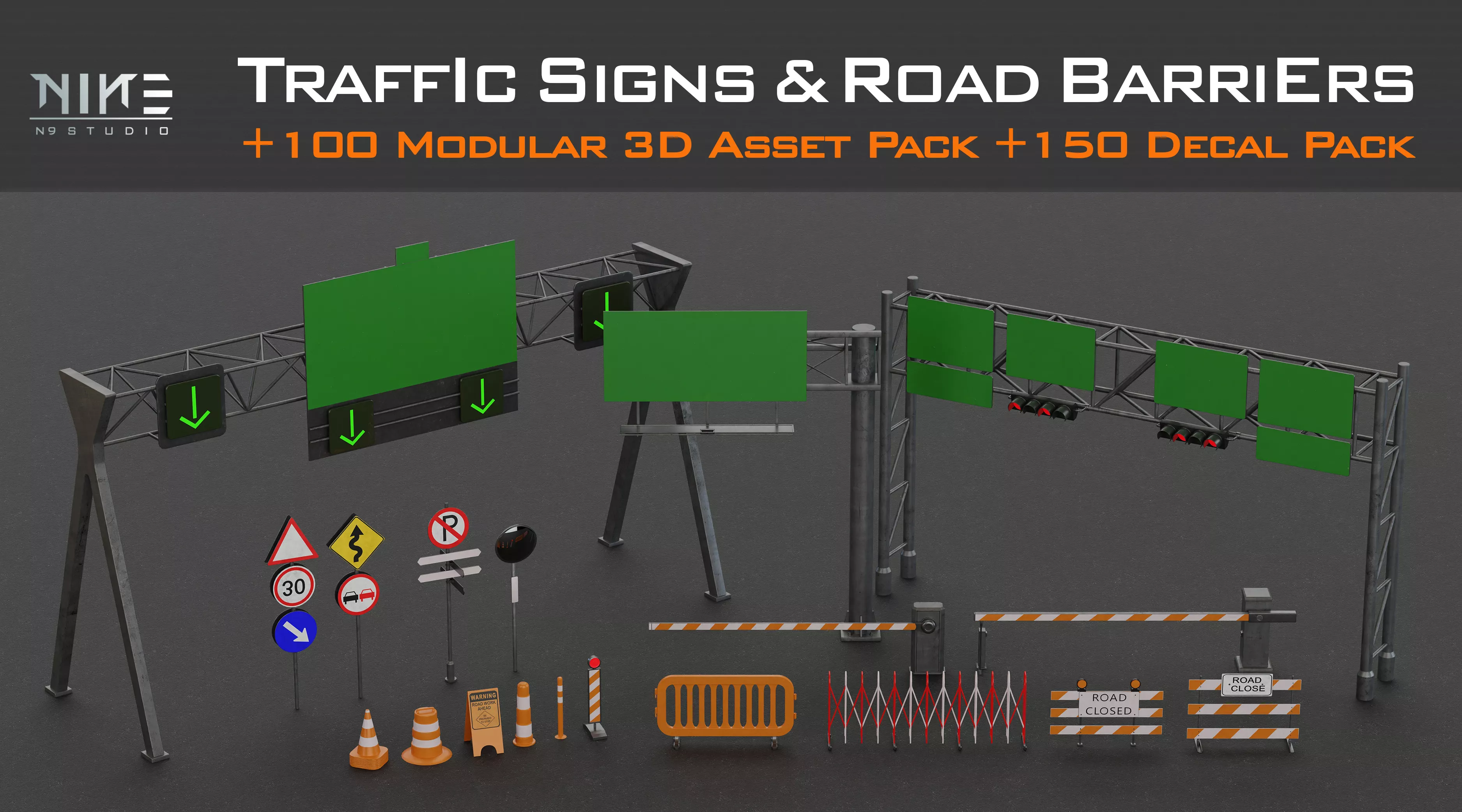 Traffic Signs and Road Barriers 3D Model Pack 3D model