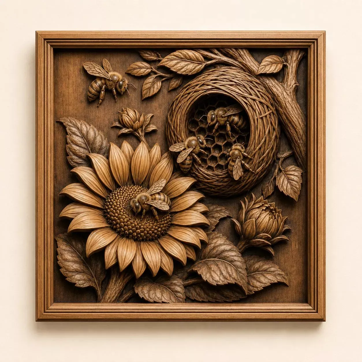 Beehive Sunflower Wood Carving Relief STL 3D Model 3D print model