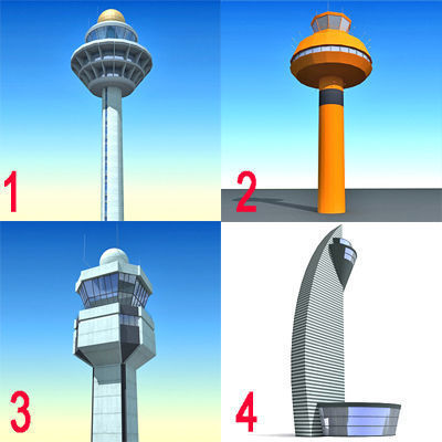 4 Airline Control Towers Low-poly 3D model