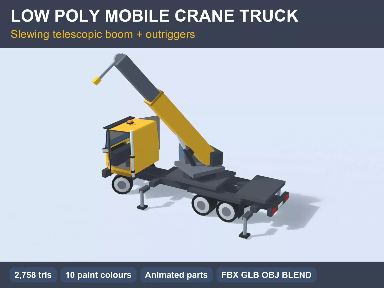 Cartoon Mobile Crane Truck Animated Boom Outriggers Game Ready Low-poly 3D model