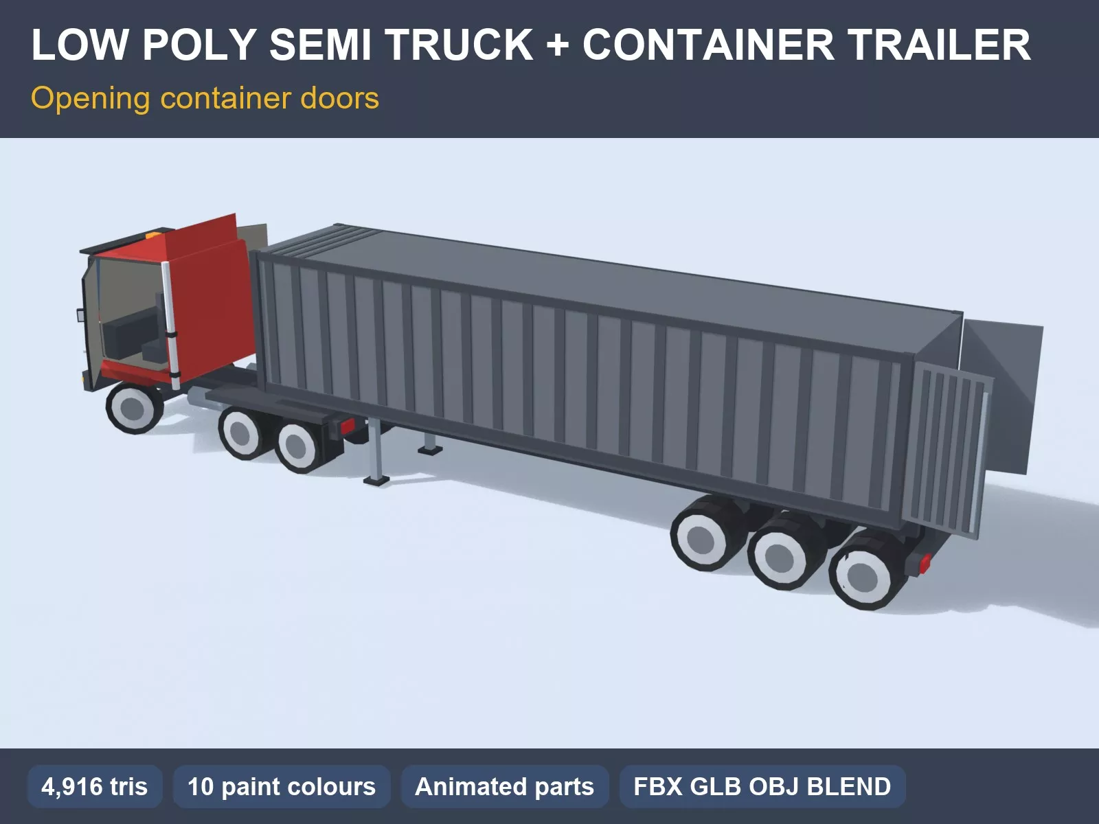 Cartoon Semi Truck With Container Trailer Animated Game Ready Low-poly 3D model