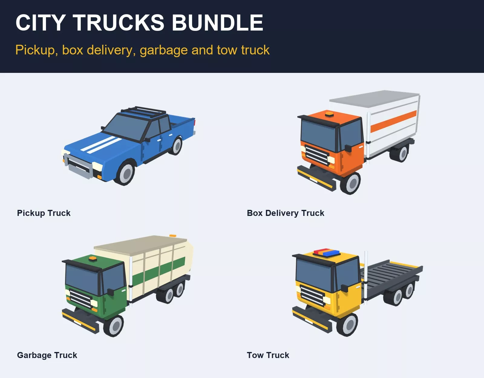 Cartoon City Trucks Bundle 4 Low Poly Trucks Game Ready Low-poly 3D model