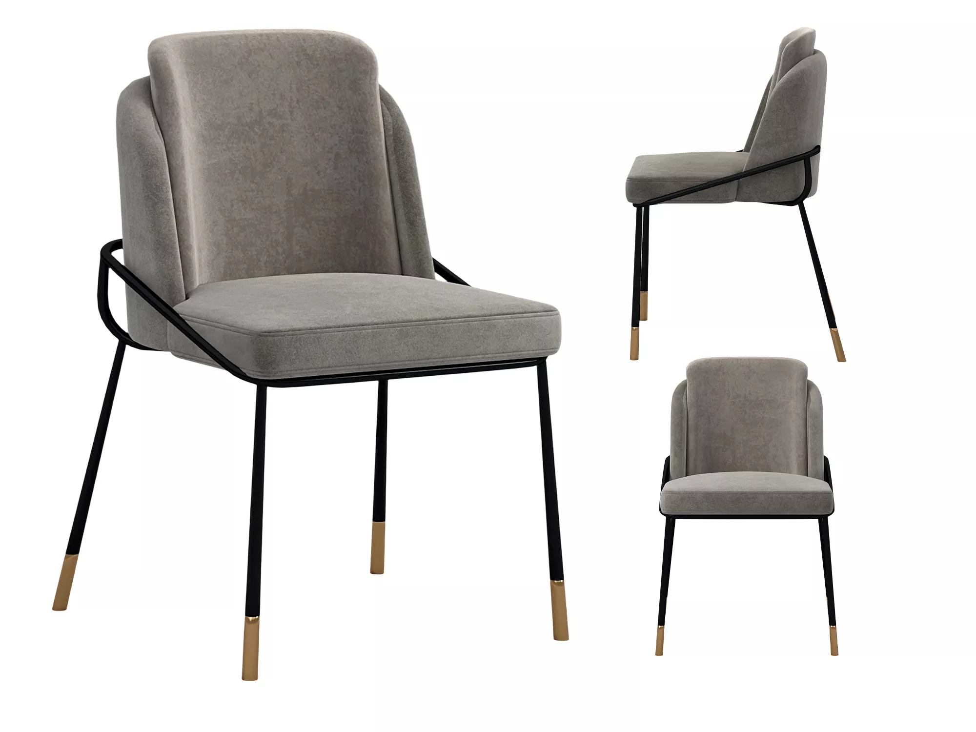 Gray Upholstered Dining Chair Black Metal Legs Brass Tip Details 3D model