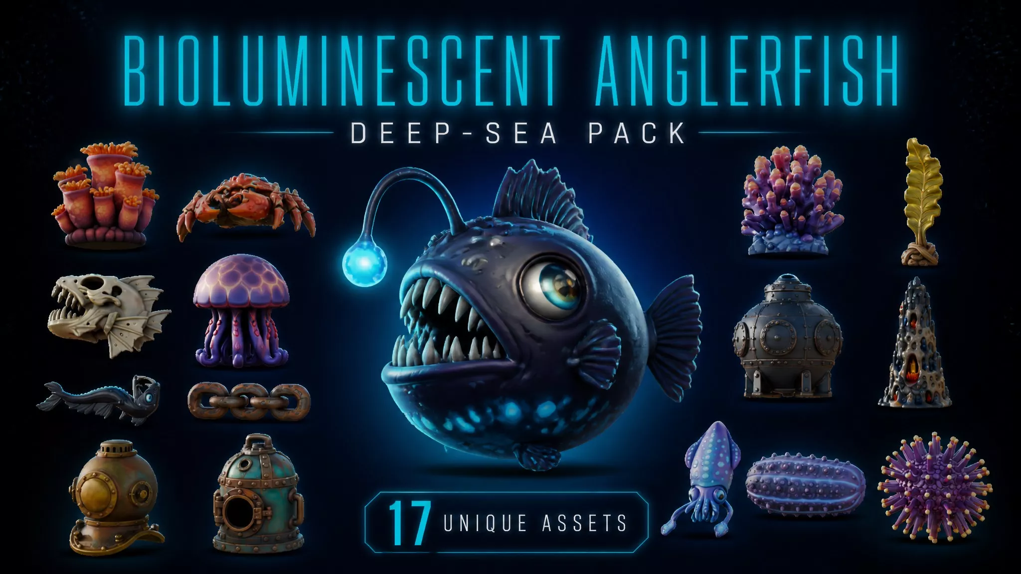 Bioluminescent Anglerfish Deep-Sea Pack Low-poly 3D model