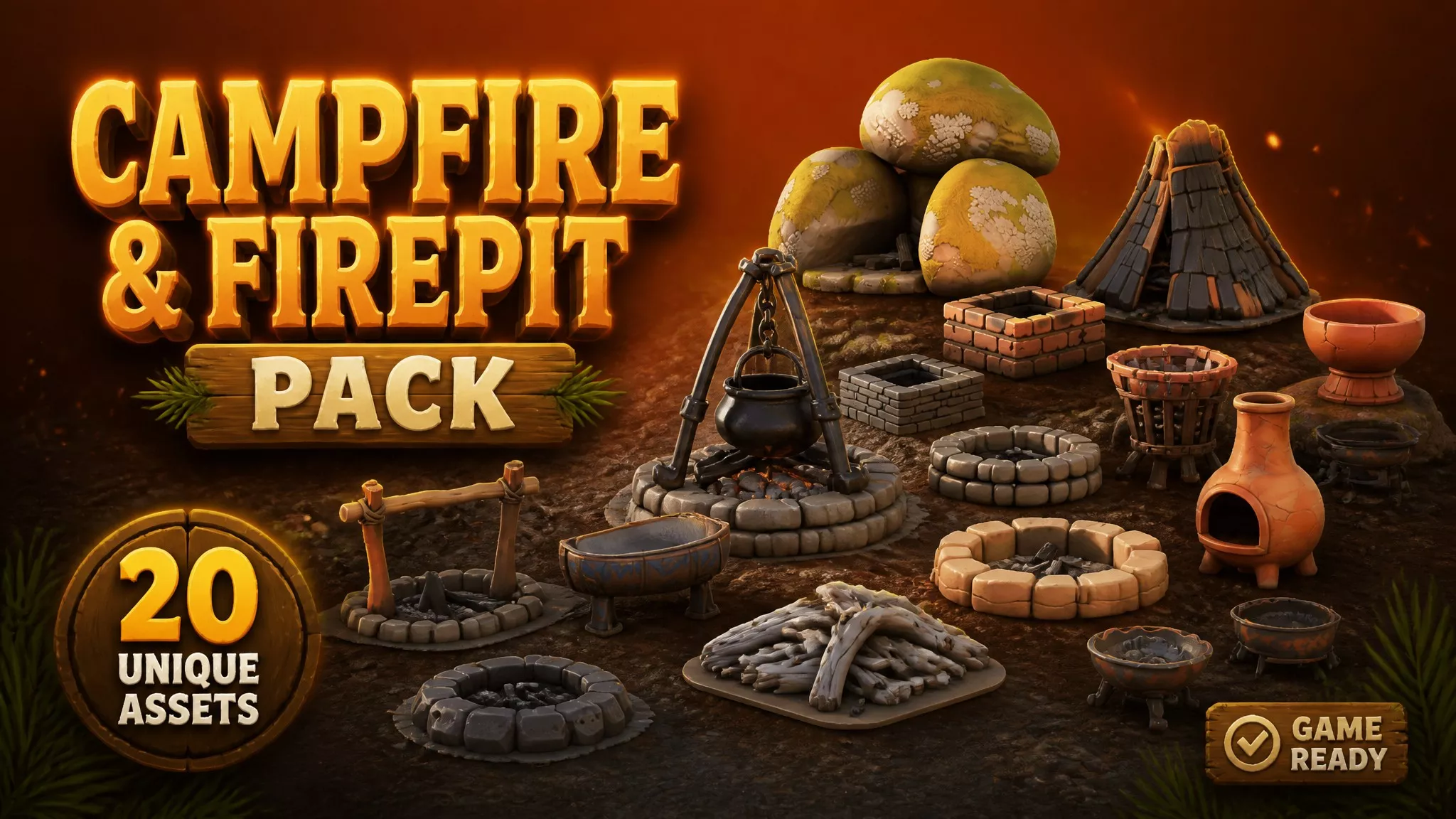 Campfire and Firepit Pack Low-poly 3D model