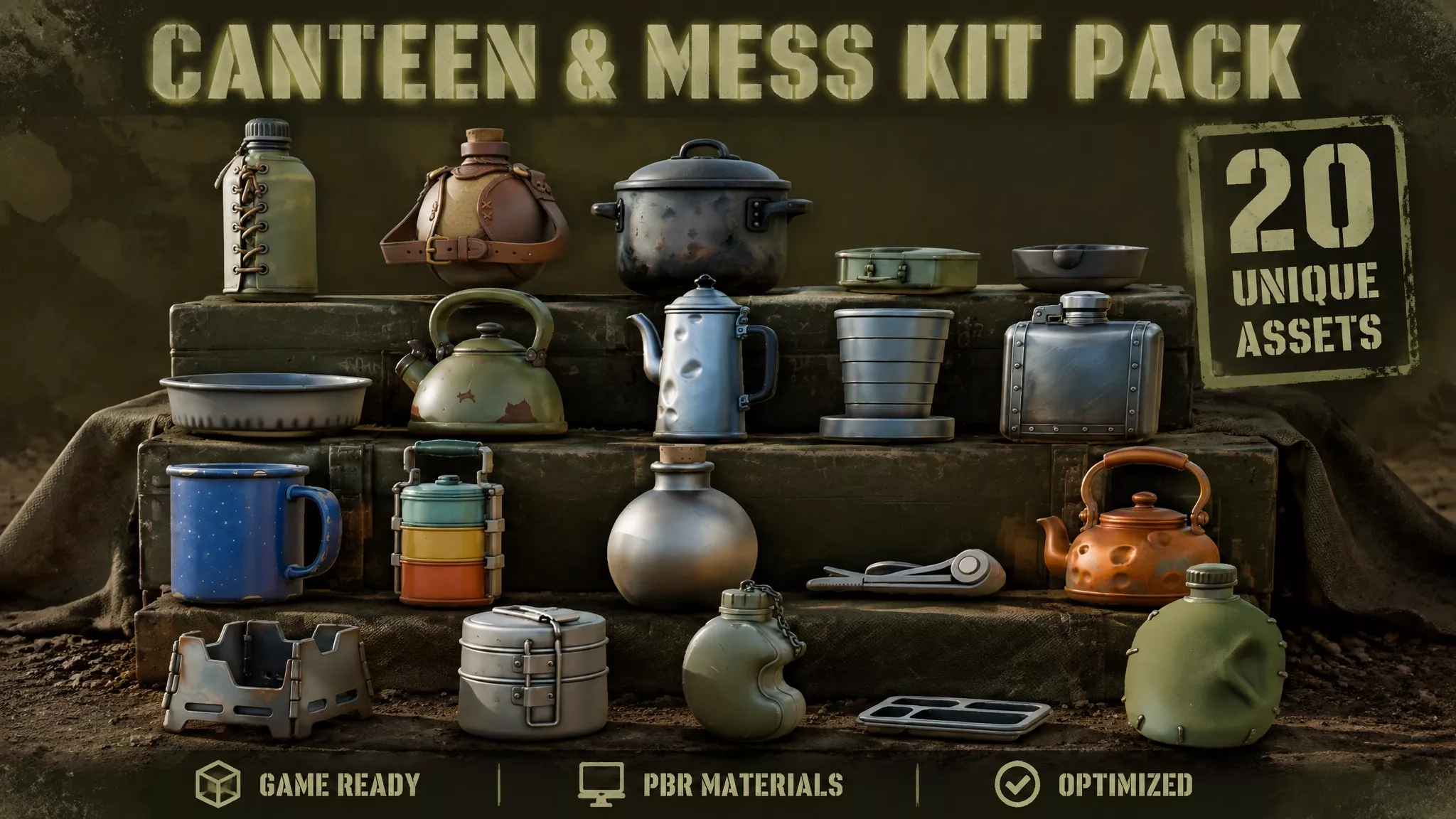 Canteen and Mess Kit Pack Low-poly 3D model