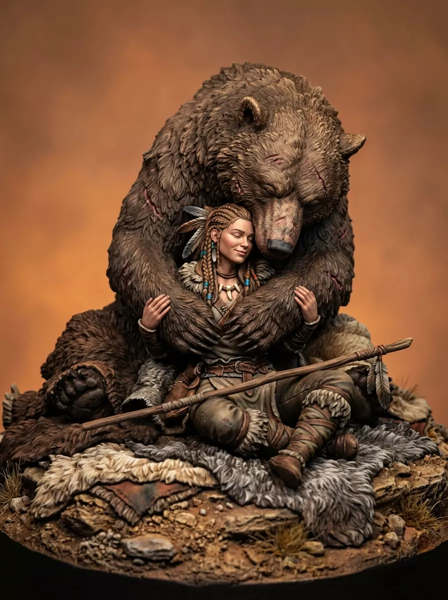 Tribal Shaman Maiden Grizzly Bear Hug Sculpture 3D print model