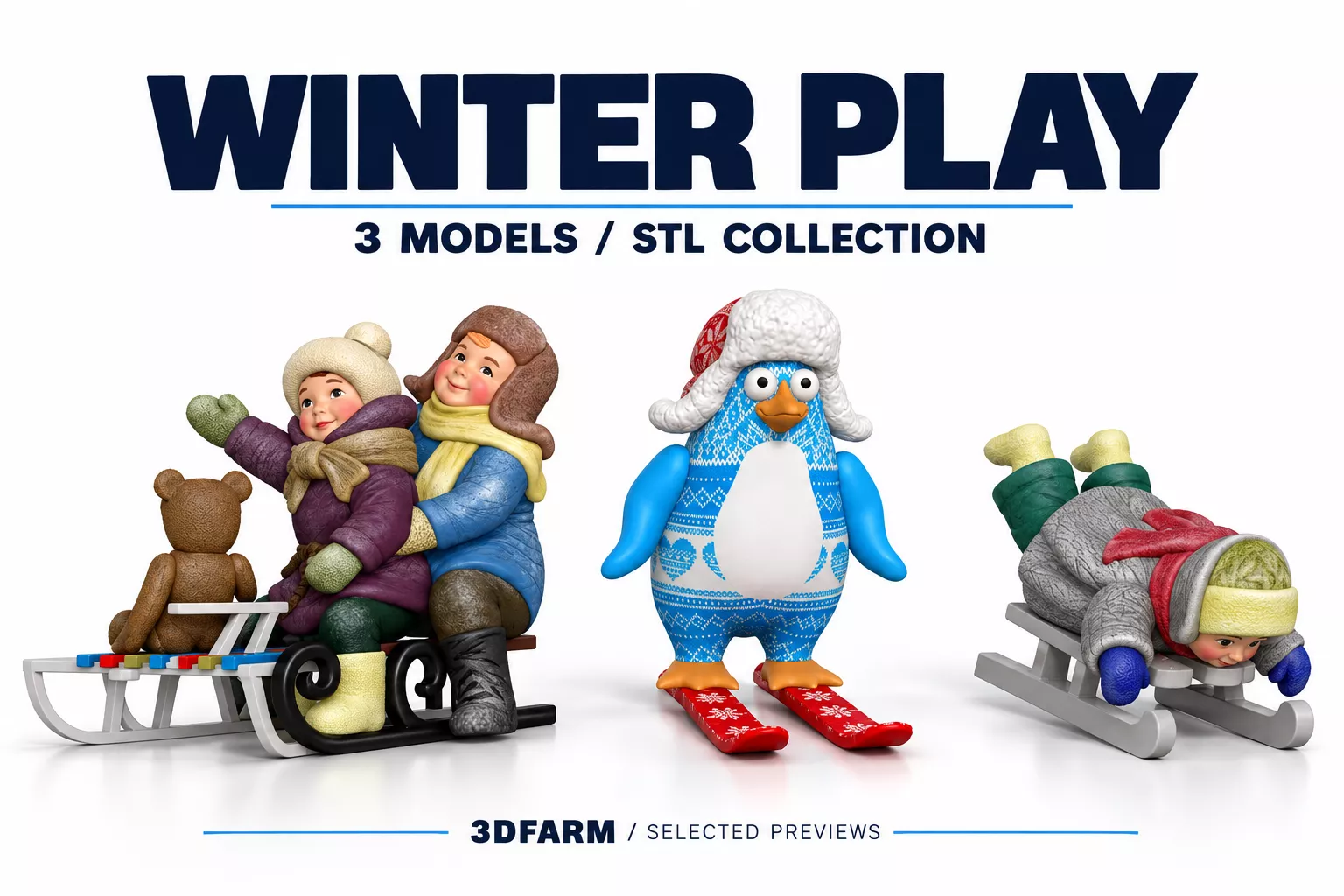 Kids Winter Play 3 Printable Sled and Ski Figures 3D Model Pack
