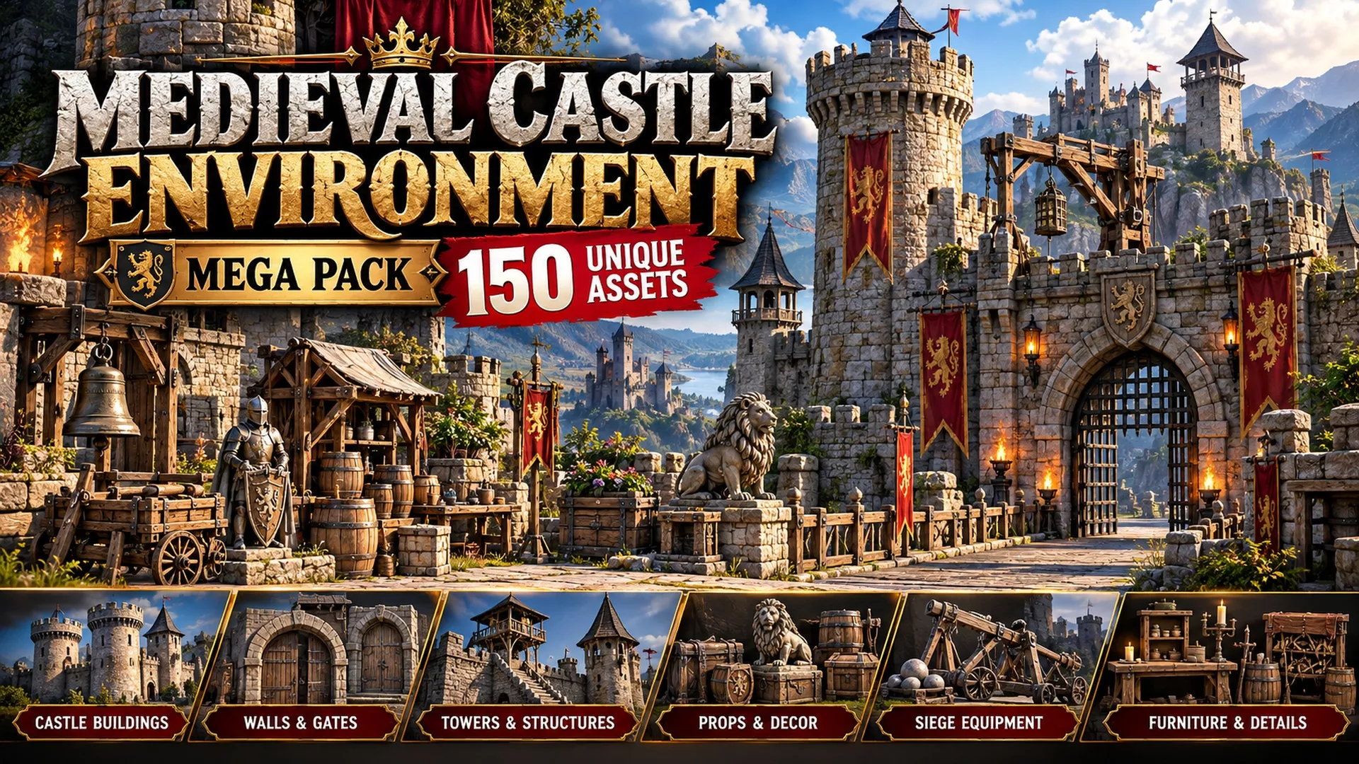 Medieval Castle Environment Mega Pack 150 Unique Assets Low-poly 3D model