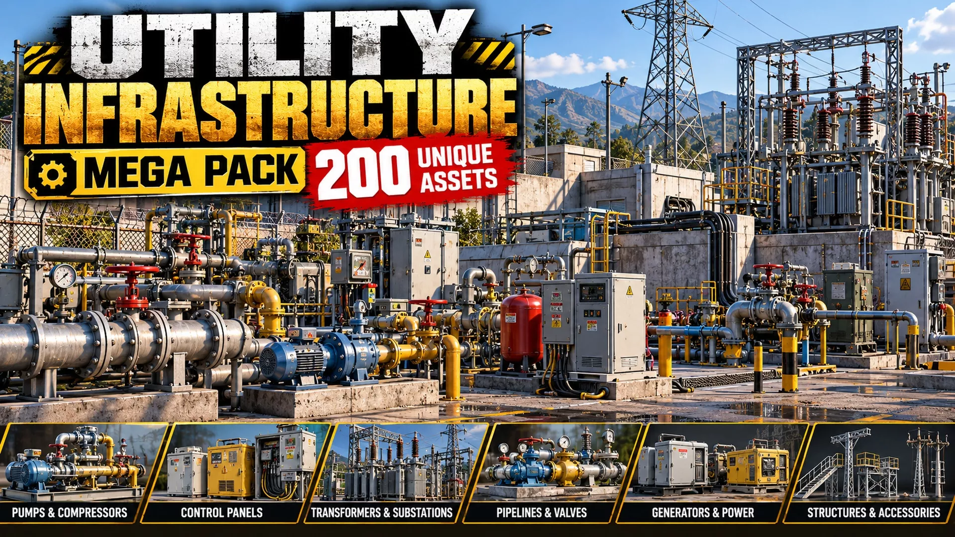 Utility Infrastructure Mega Pack 200 Unique Assets Low-poly 3D model