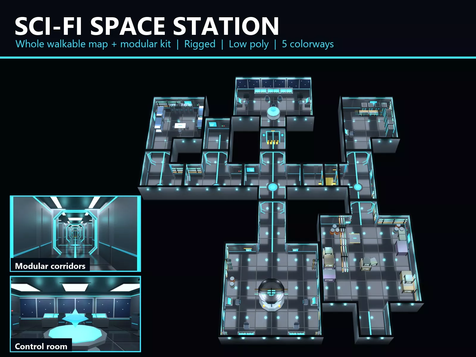 Sci Fi Space Station Modular Interior Map Rigged Game Ready Low-poly 3D model