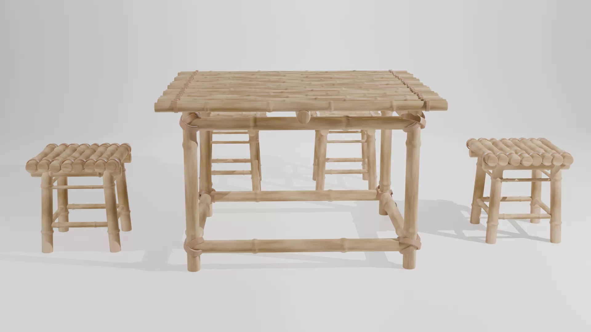Realistic Bamboo Table and Stool Chair Set 1 3D model