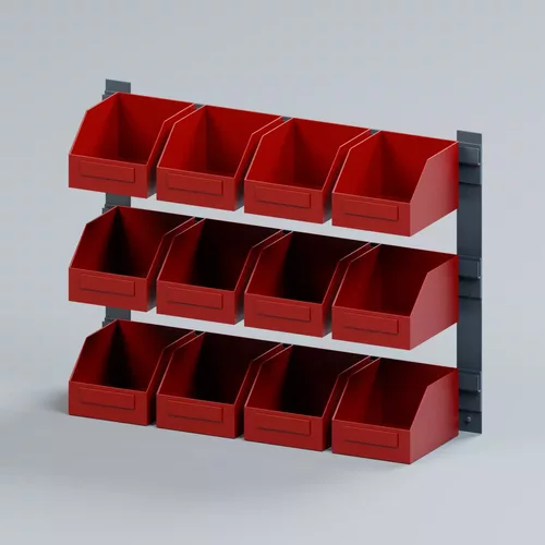 Wall Mounted Parts Bin Rack 12 Bins Red and Graphite