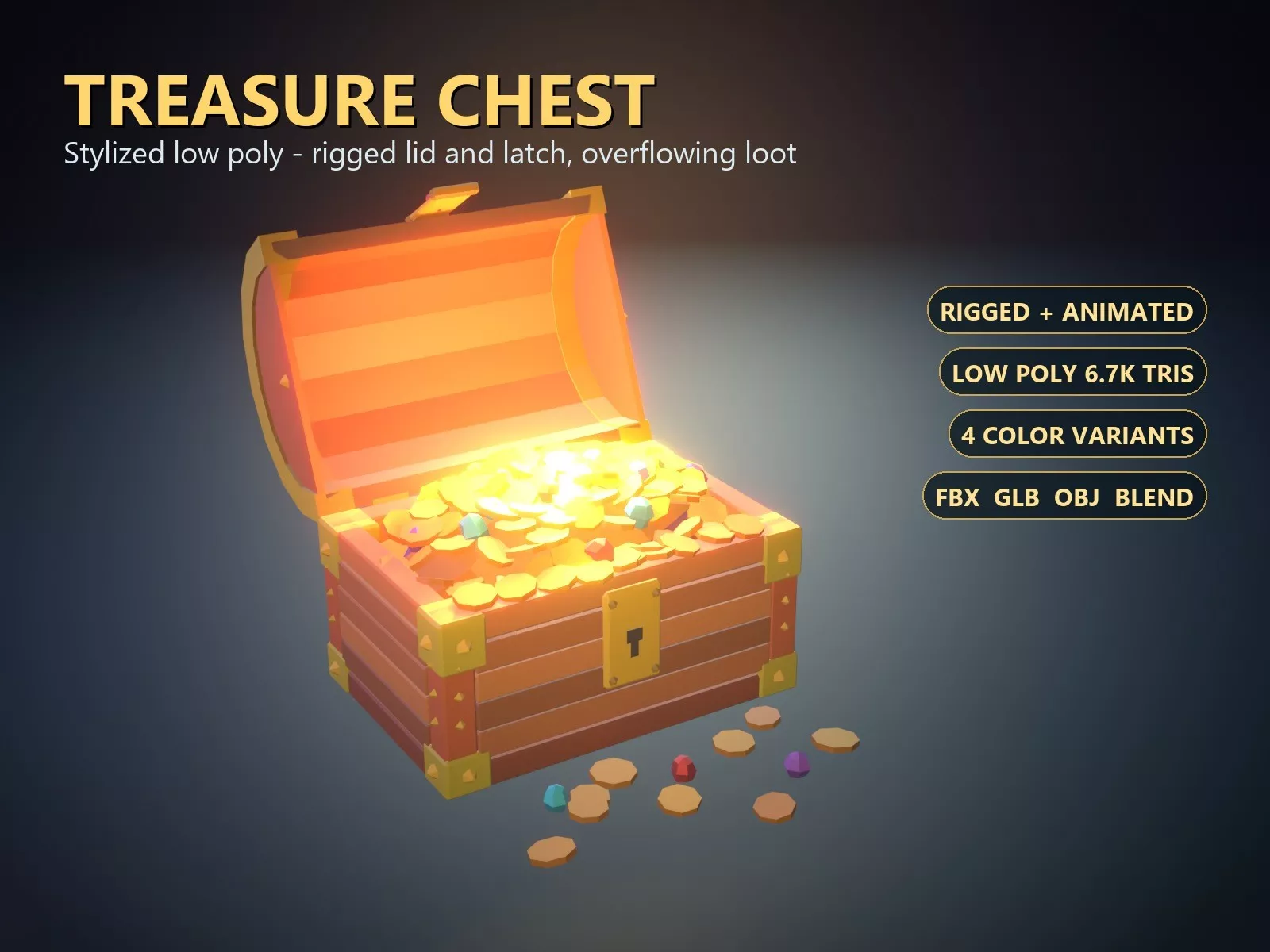 Stylized Treasure Chest Rigged Animated Game Ready Low-poly 3D model