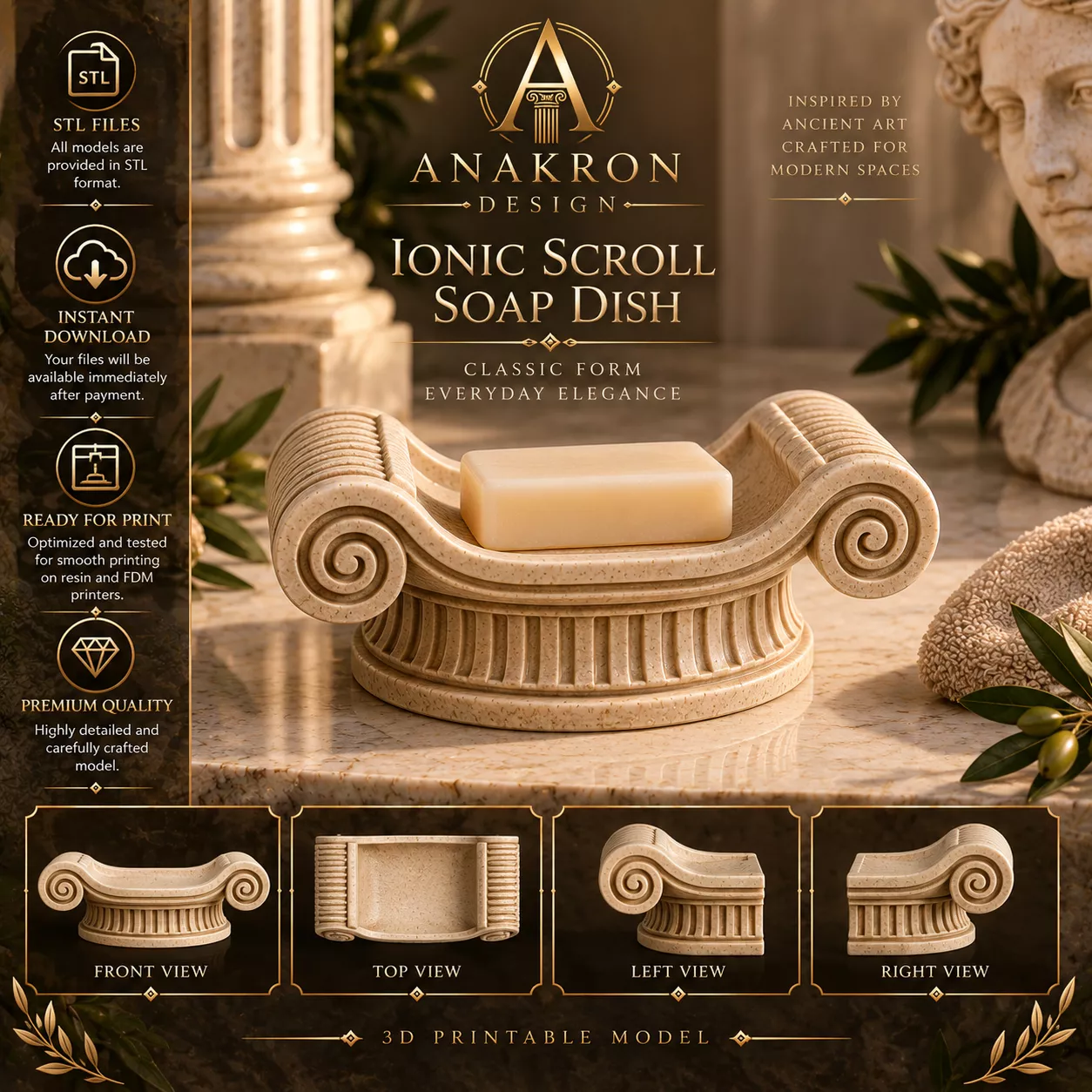 Greek Column Soap Holder STL Ionic Capital Bath Decor Soap Dish 3D print model