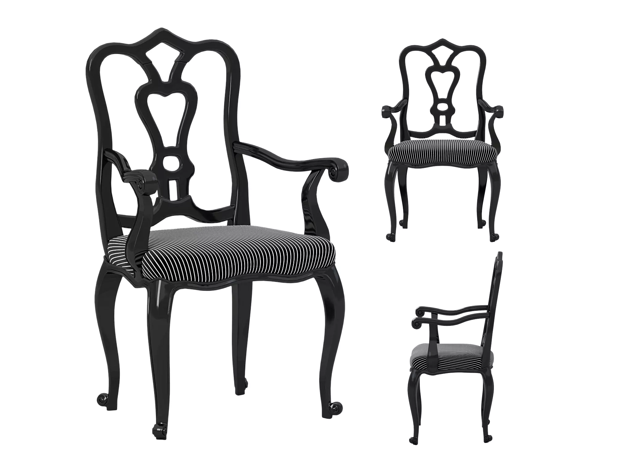 Ornate Black Armchair With Striped Cushion 3D model